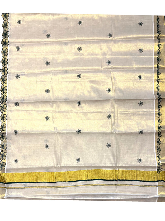 Southloom Kerala Tissue Kasavu Saree with Green Floral Embroidery on Body and Border