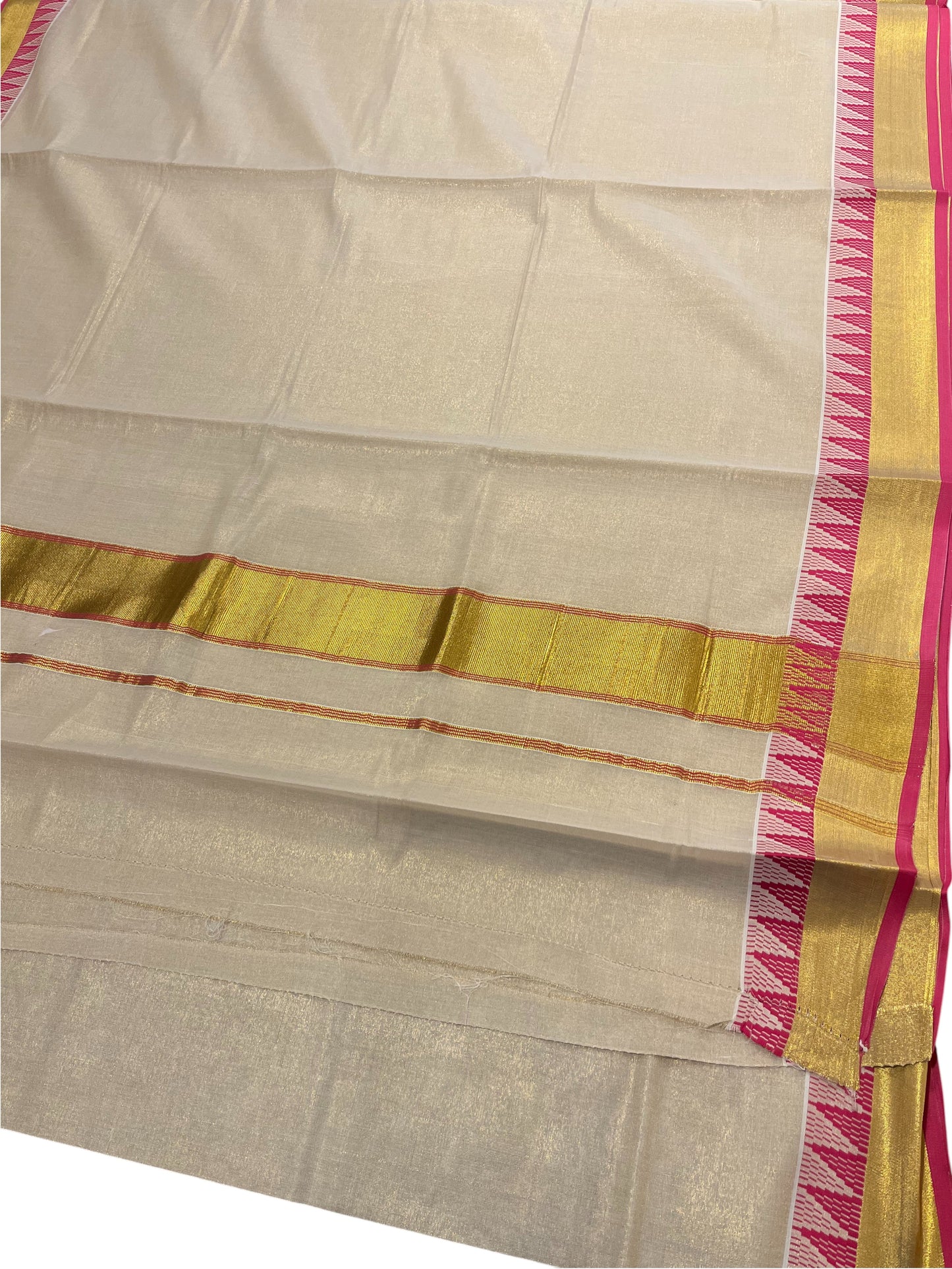 Southloom Pure Cotton Kerala Kasavu Saree with Pink Temple Border