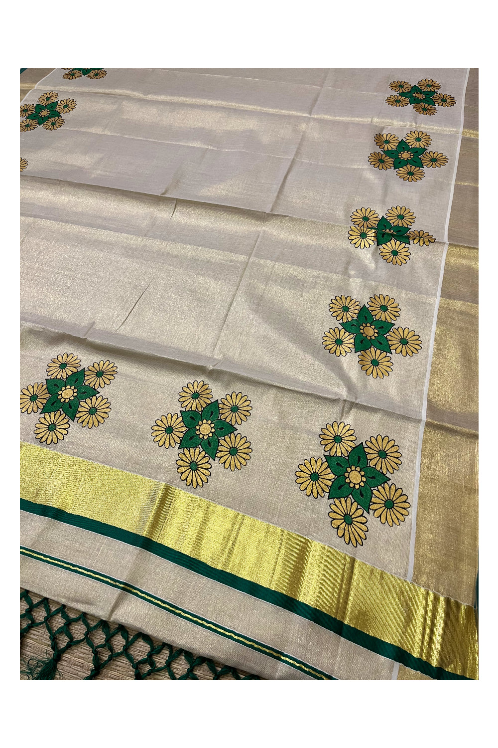 Kerala Tissue Kasavu Saree with Mural Floral Printed Design and Green Border