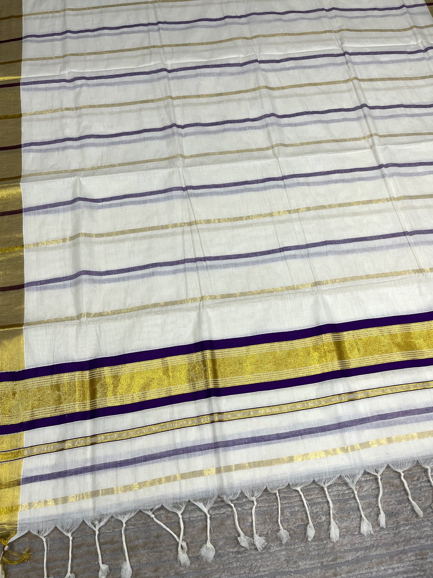 Southloom Kerala Cotton Kasavu Saree with Gold And Violet Lines on Body