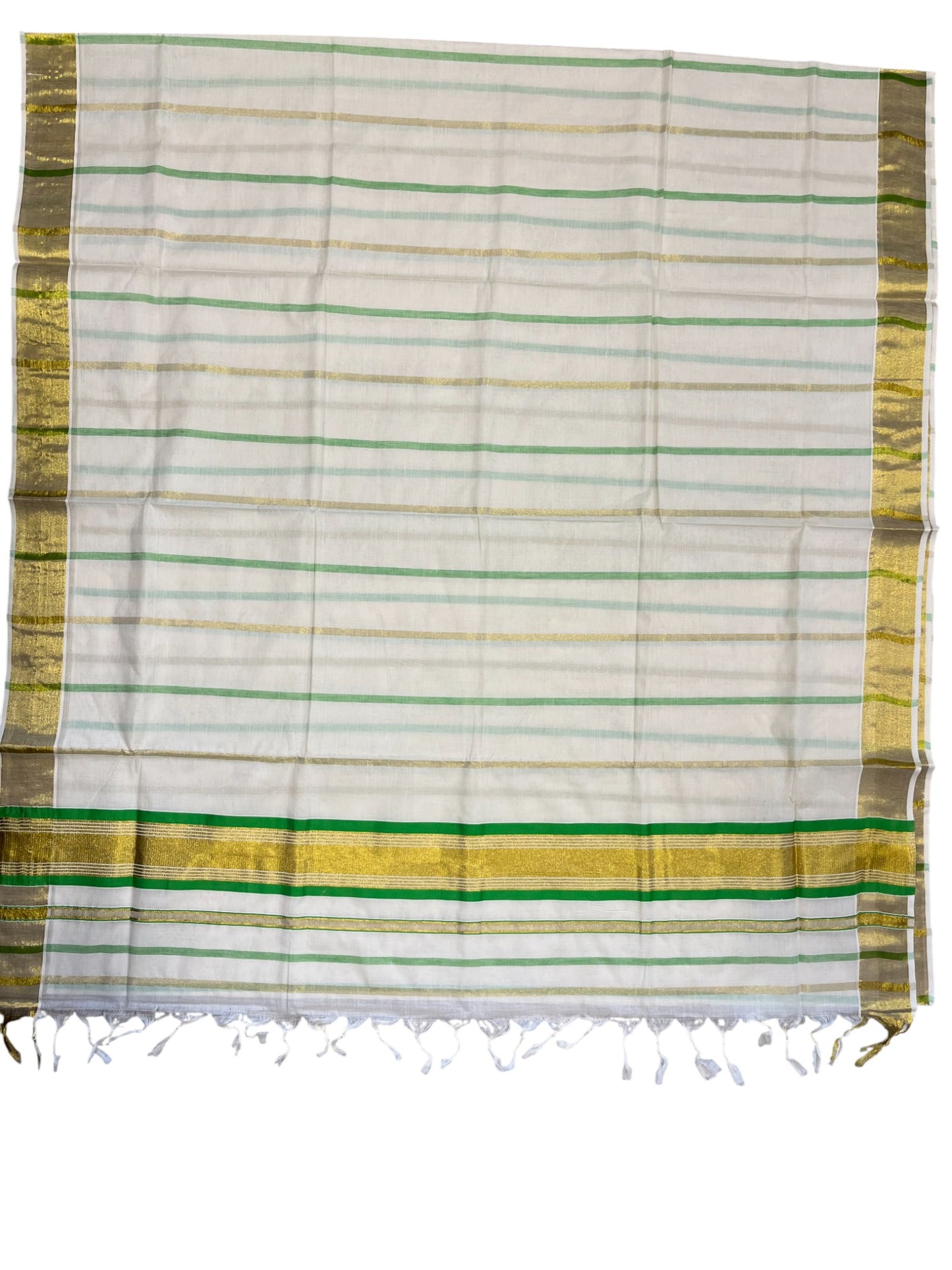 Southloom Kerala Cotton Kasavu Saree with Gold And Green Lines on Body