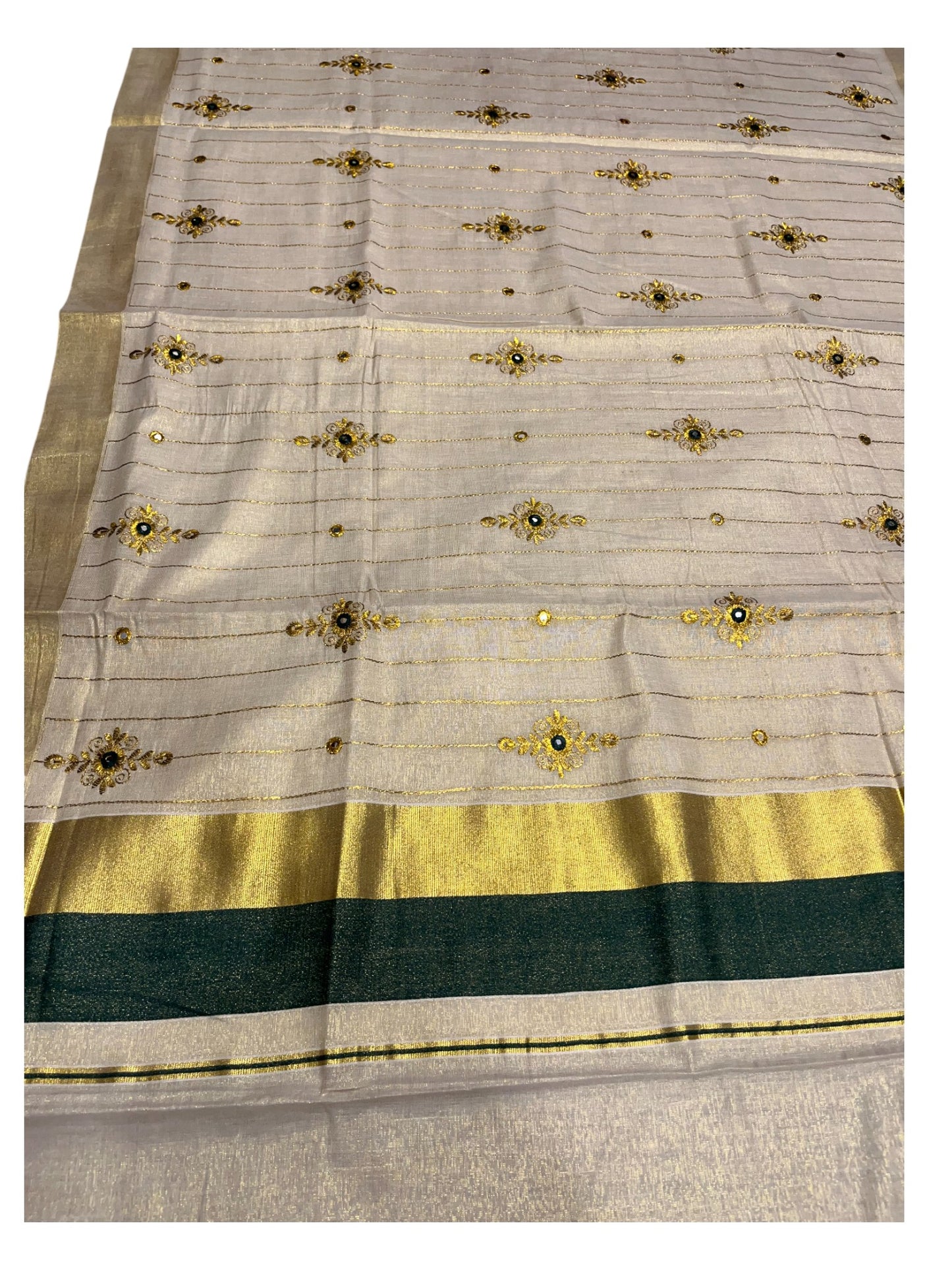Kerala Tissue Kasavu Lines Saree with Golden And Green Embroidery Works