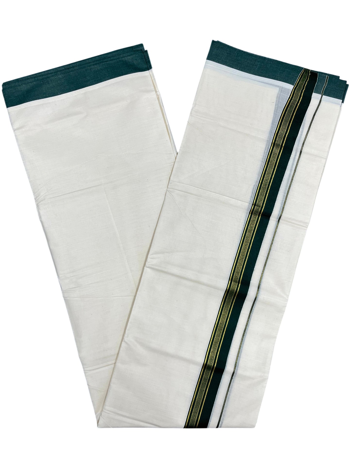 Southloom Pure Cotton Mundu with Green & Gold Kasavu Border (South Indian Kerala Dhoti)