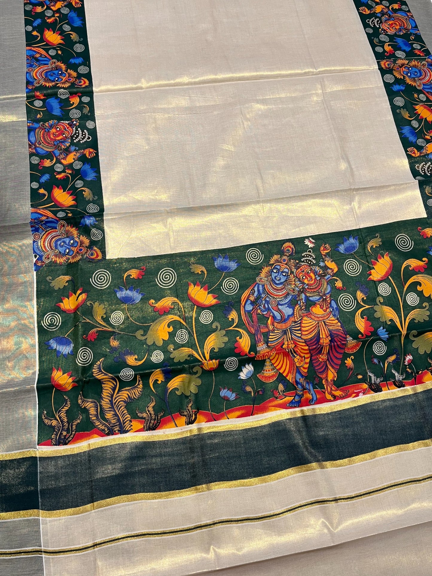 Southloom Kerala Tissue Kasavu Saree with Krishna Mural Printed Art Design and Printed Border