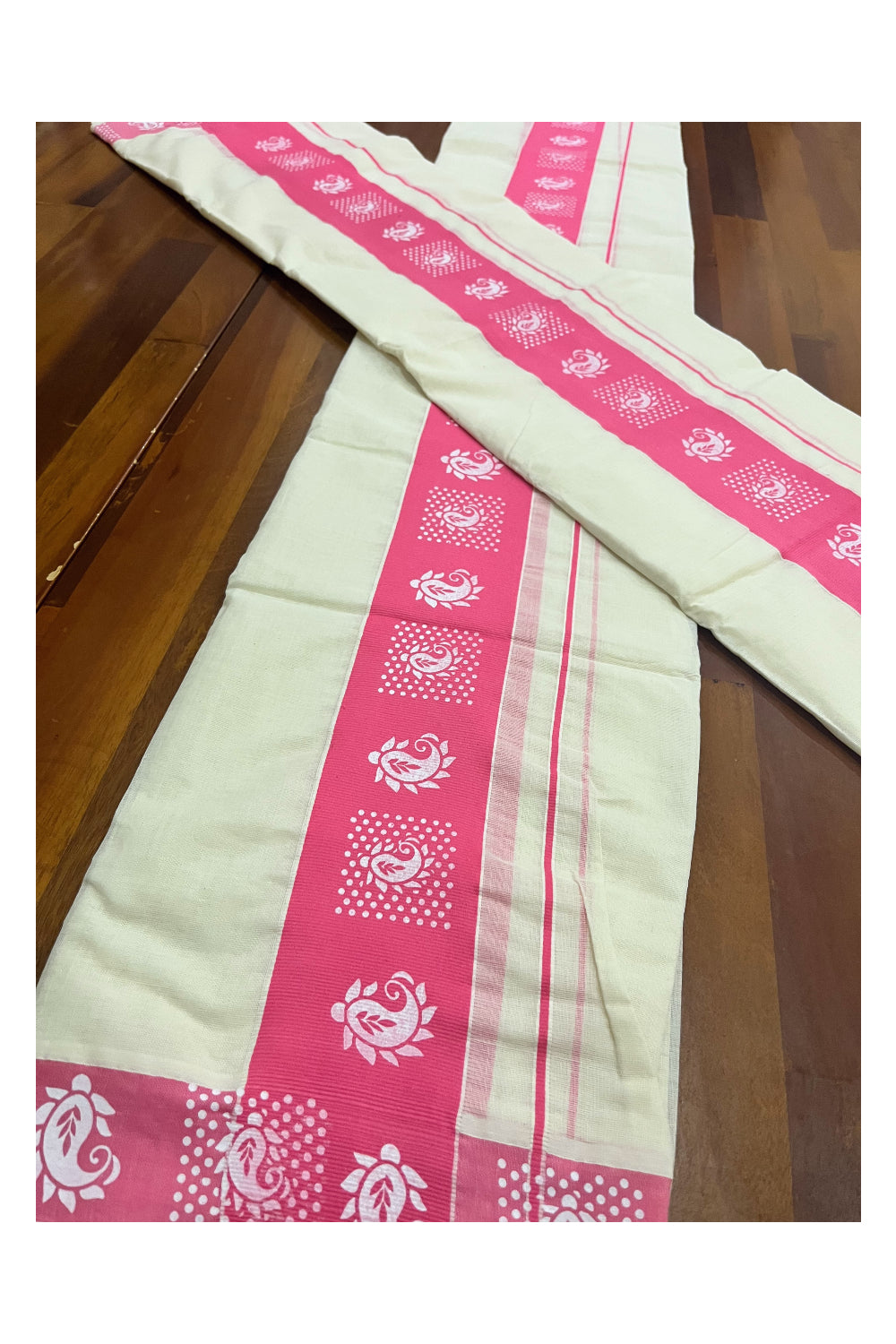 Kerala Cotton Single Set Mundu (Mundum Neriyathum) with Block Prints on Pink Border