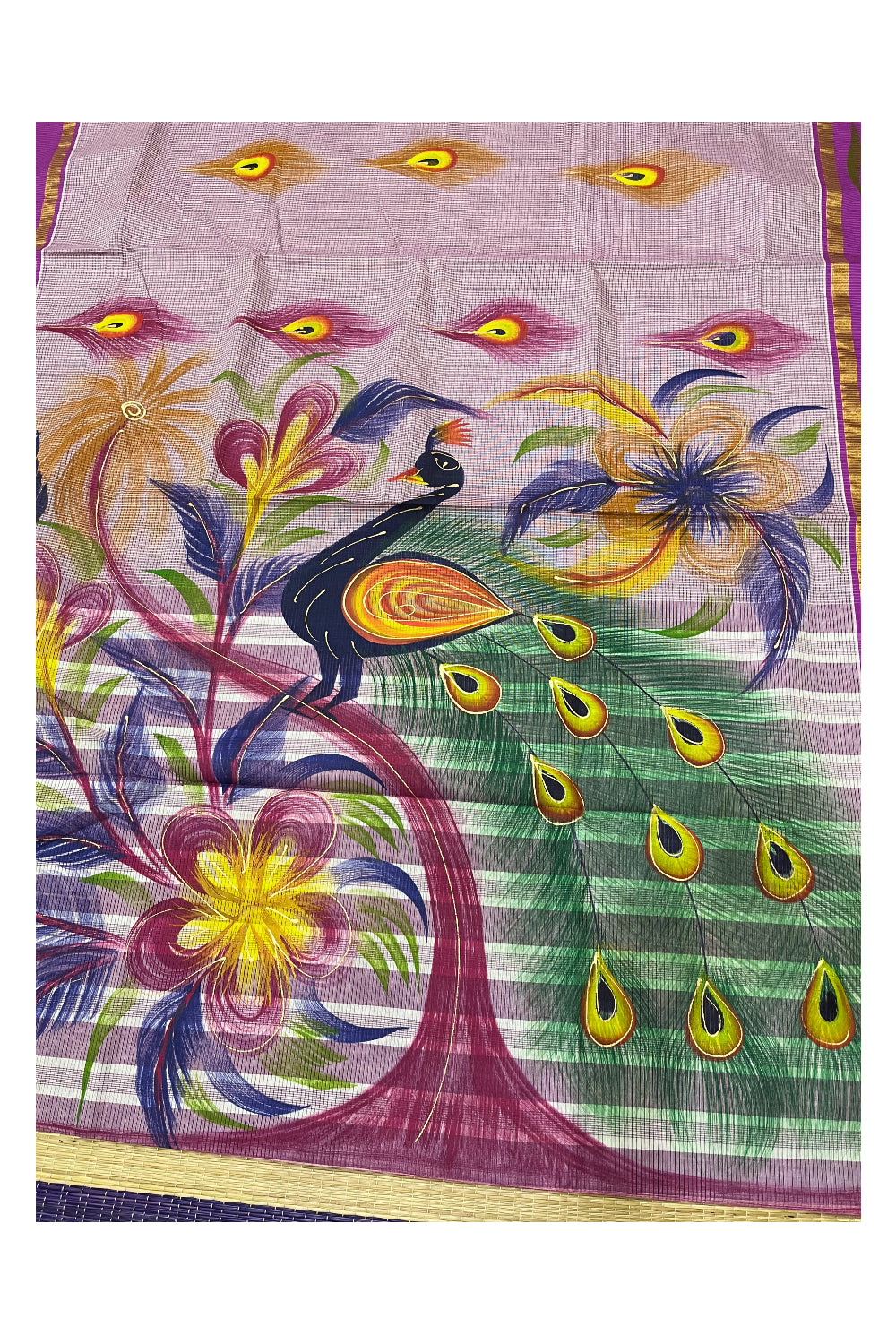 Kerala Cotton Kasavu Saree with Brush Painted Floral Designs and Magenta Border