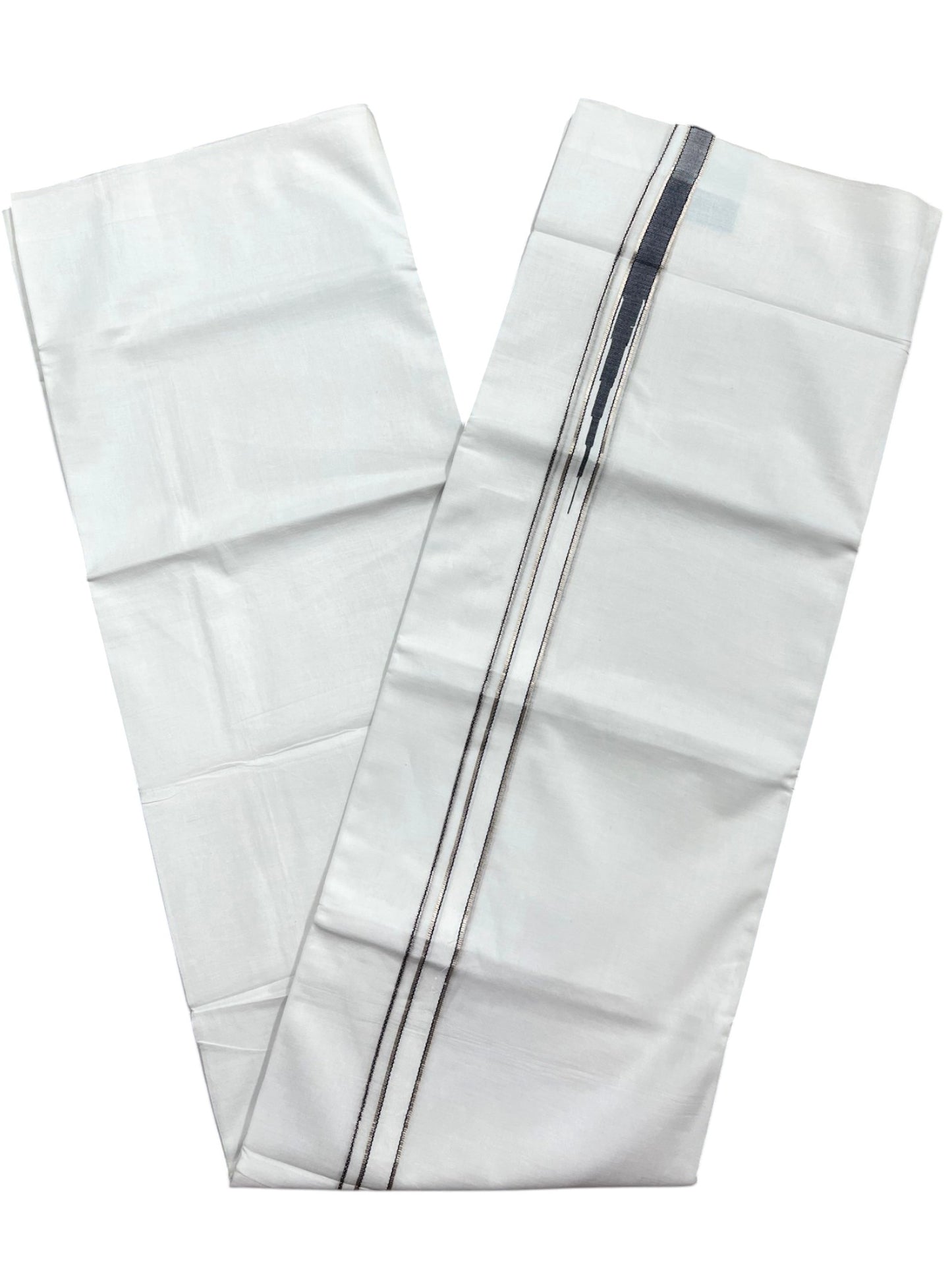 Southloom Pure White Cotton Double Mundu with Silver and Blue Chutti Kara (South Indian Dhoti)
