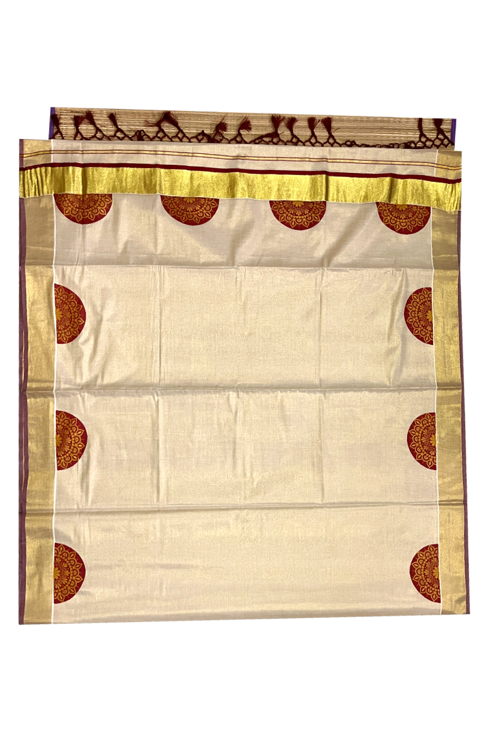 Kerala Tissue Kasavu Saree with Brown Block Prints and Kasavu Maroon Border