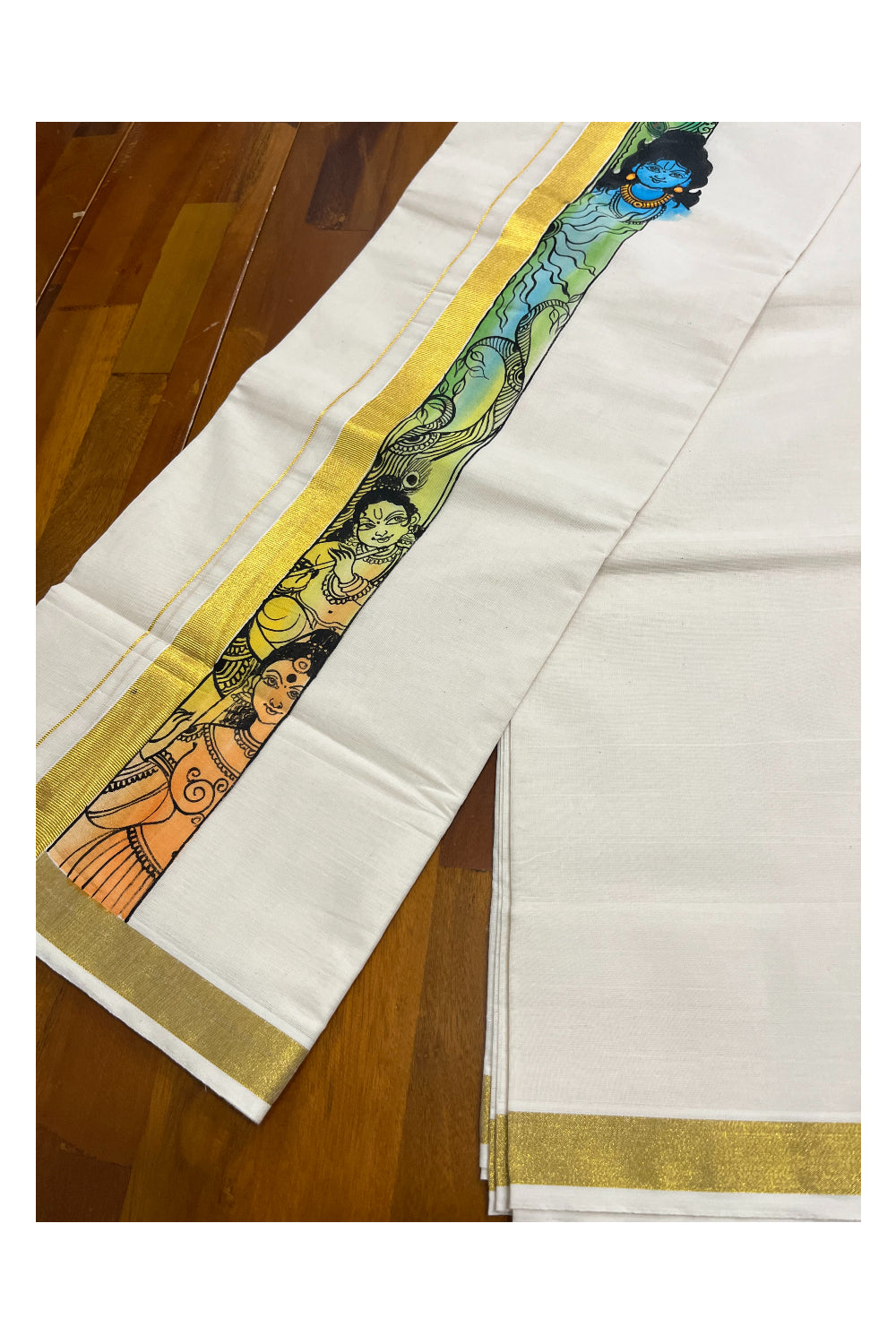 Kerala Pure Cotton Double Mundu with Krishna Mural Hand Painted Design on Kasavu Border (South Indian Kerala Dhoti)