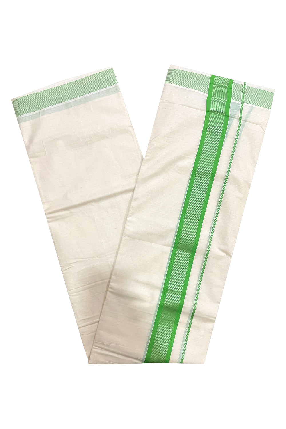 Pure Cotton Double Mundu with Light Green and Silver Kasavu Kara (South Indian Kerala Dhoti)