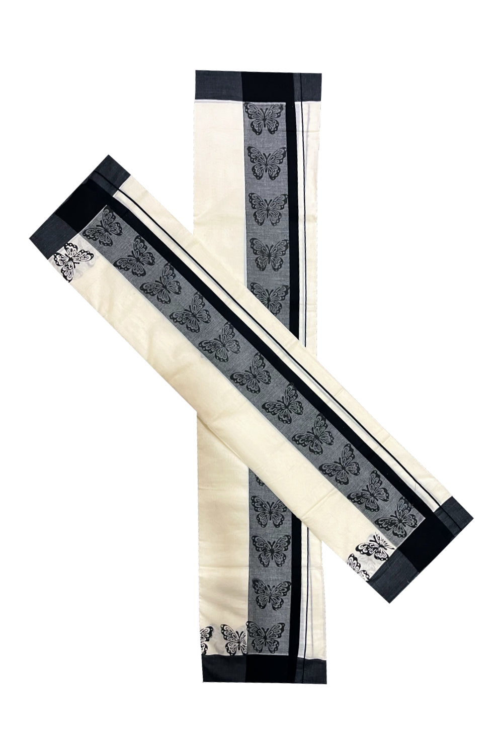 Pure Cotton Kerala Single Set Mundu (Mundum Neriyathum) with Black Block Printed Border