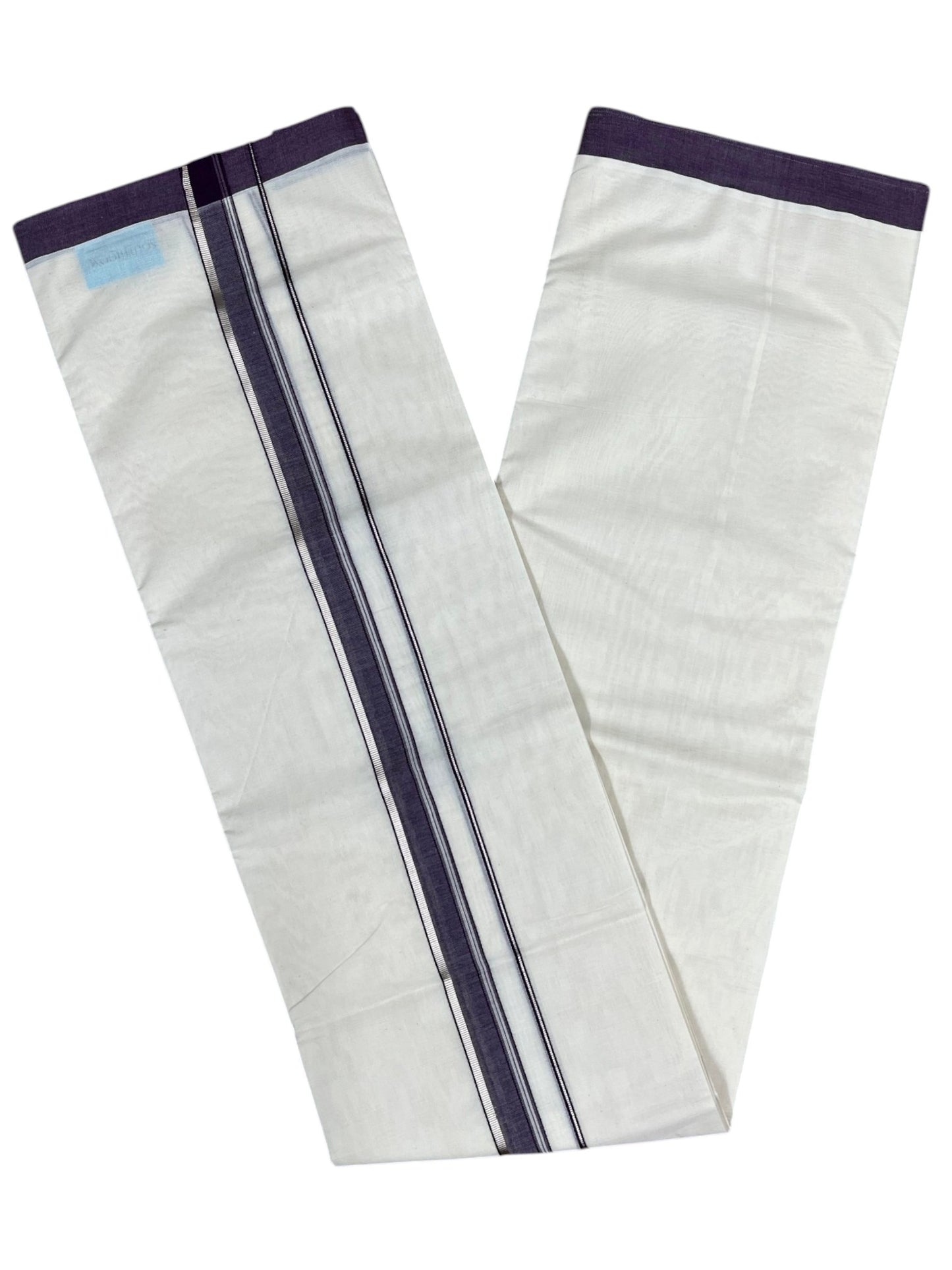 Southloom Pure Cotton Mundu with Silver Lines and Purple Border (South Indian Kerala Dhoti)