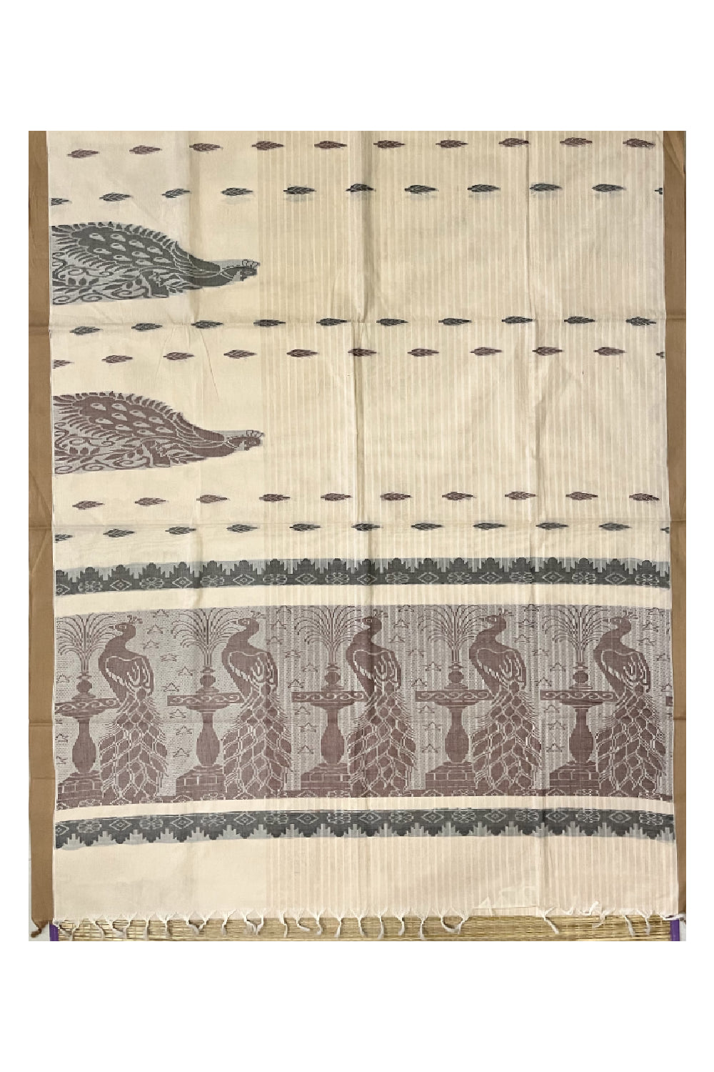 Southloom Light Brown Cotton Saree with Peacock Woven Designs