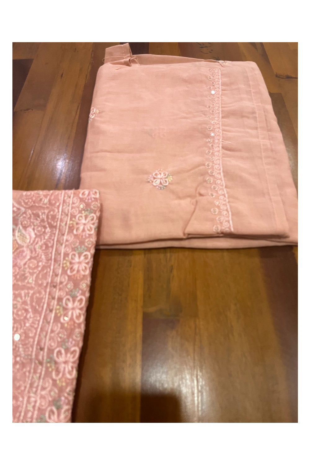 Southloom™ Semi Tussar Pink Churidar Salwar Suit Material with Thread Work and Sequins Designs