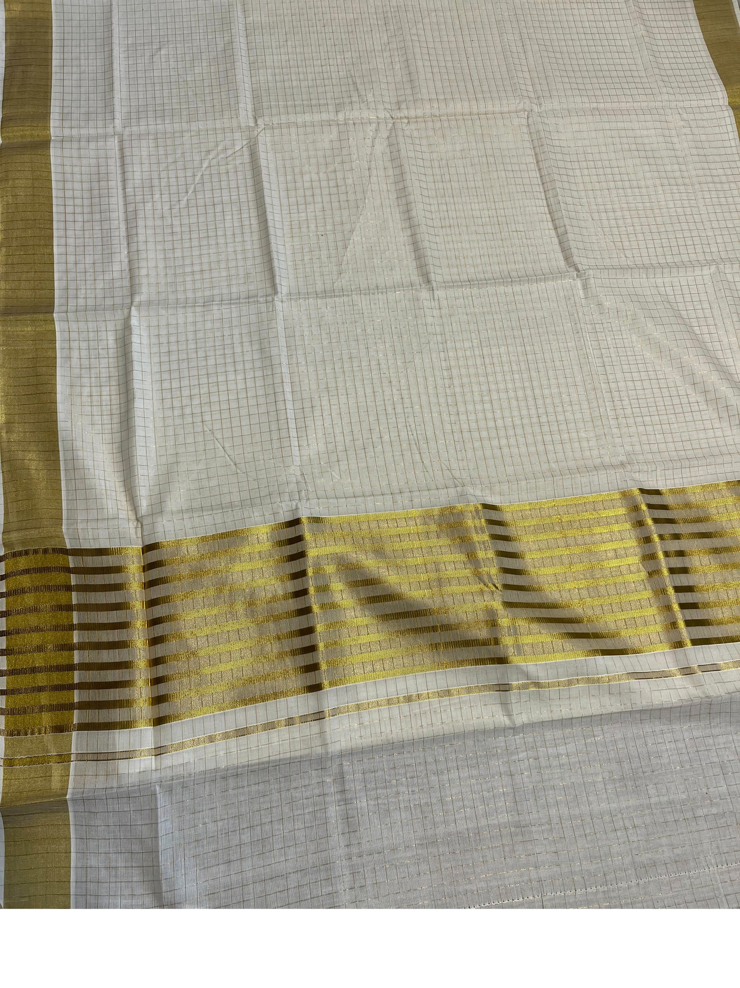 Pure Cotton Kerala Saree with Gold Check Designs Across Body