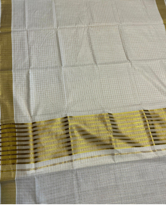 Pure Cotton Kerala Saree with Gold Check Designs Across Body
