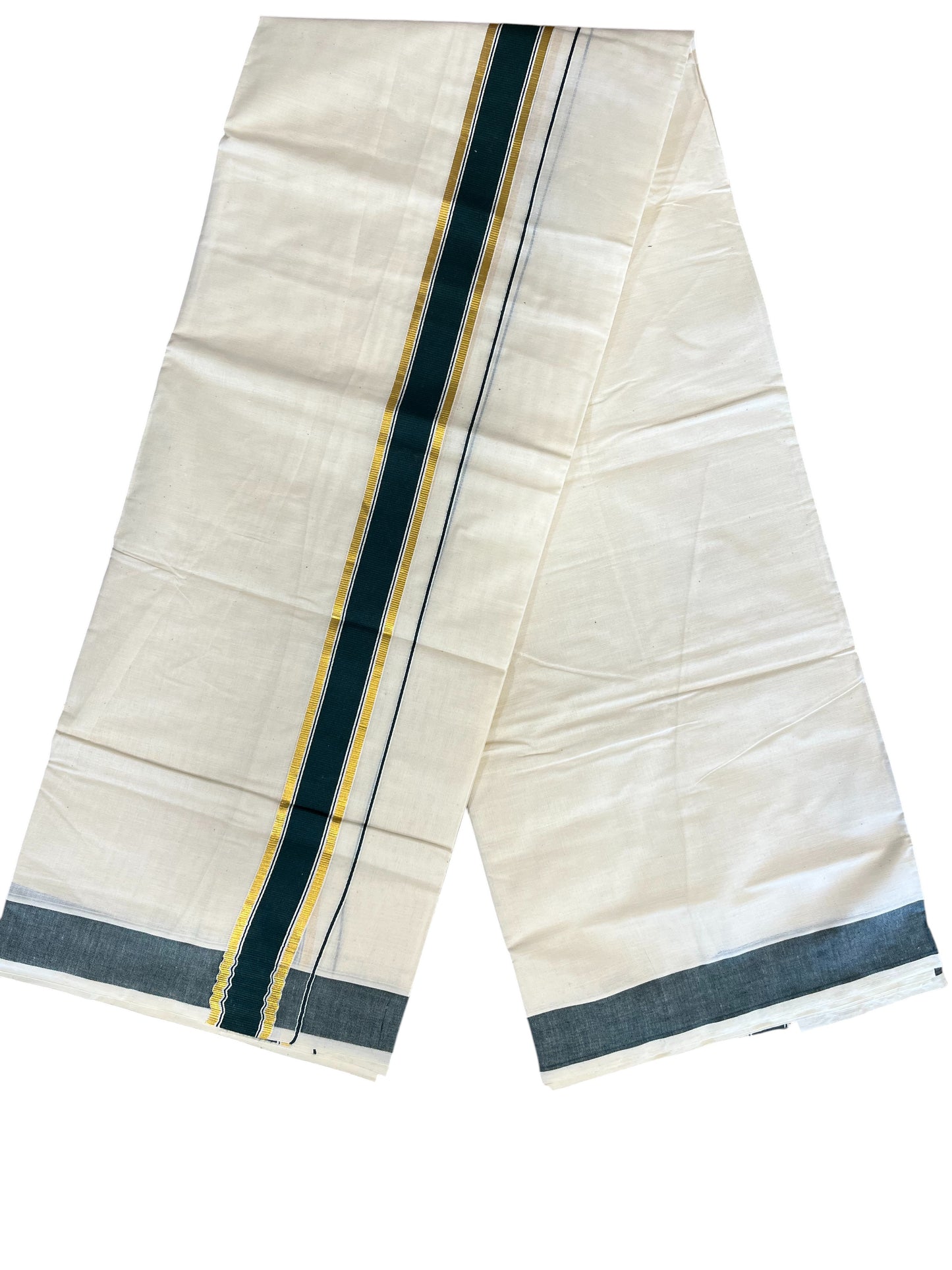 Southloom Pure Cotton Mundu with Gold Kasavu and Dark Green Colour Border (South Indian Kerala Dhoti)