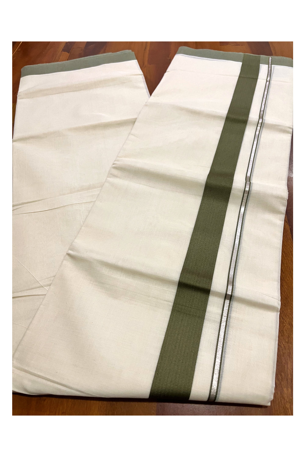 Pure Cotton Double Mundu with Silver Kasavu and Olive Green Border (South Indian Kerala Dhoti)