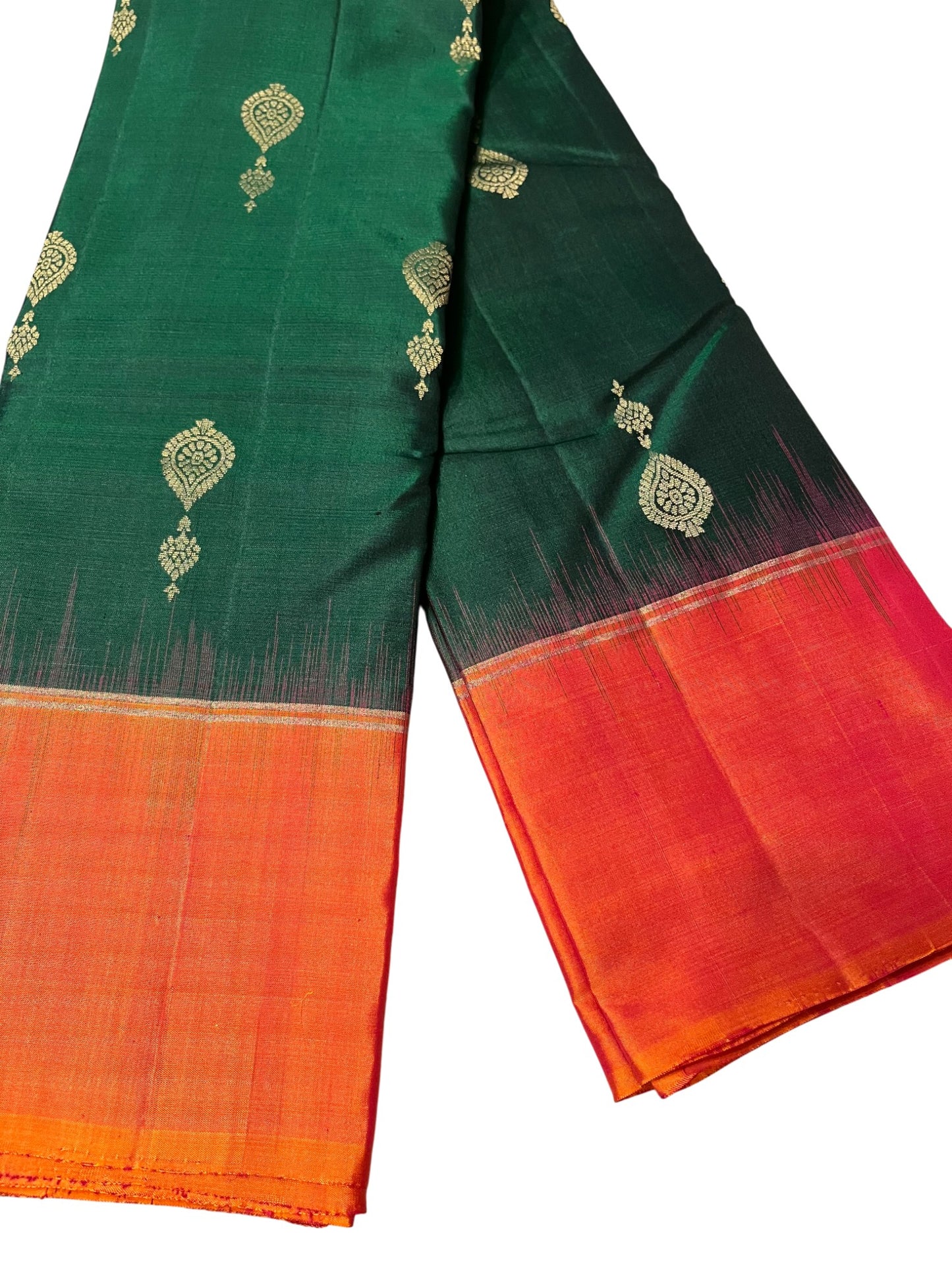 Southloom Pure Handloom Bridal Kanchipuram Silk Saree with Korvai Work (Orange & Green)