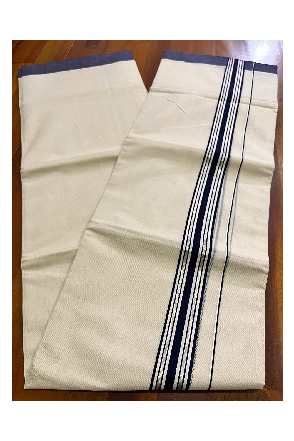 Kerala Pure Cotton Double Mundu with Silver Kasavu and Navy Blue Border (Vishu 2024 Collection)