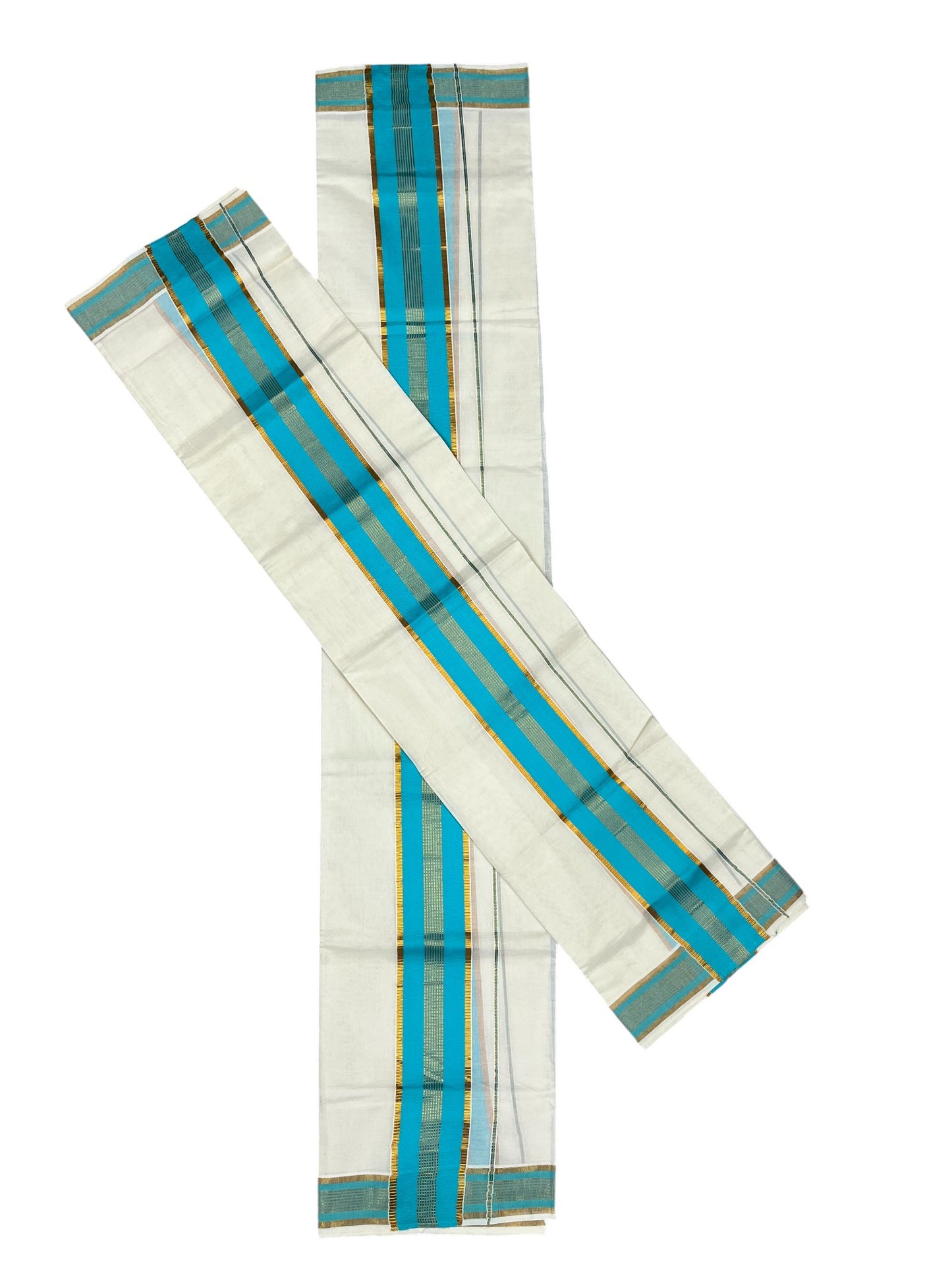 Kerala Cotton Single Set Mundu (Mundum Neriyathum) with Blue Kasavu Border in 2.80 Mtrs
