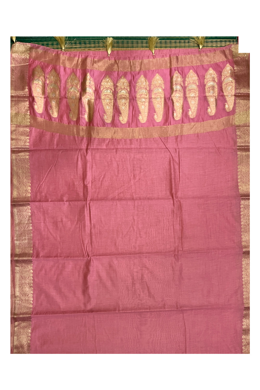 Southloom Cotton Plain Pink Saree with Kasavu Woven Border