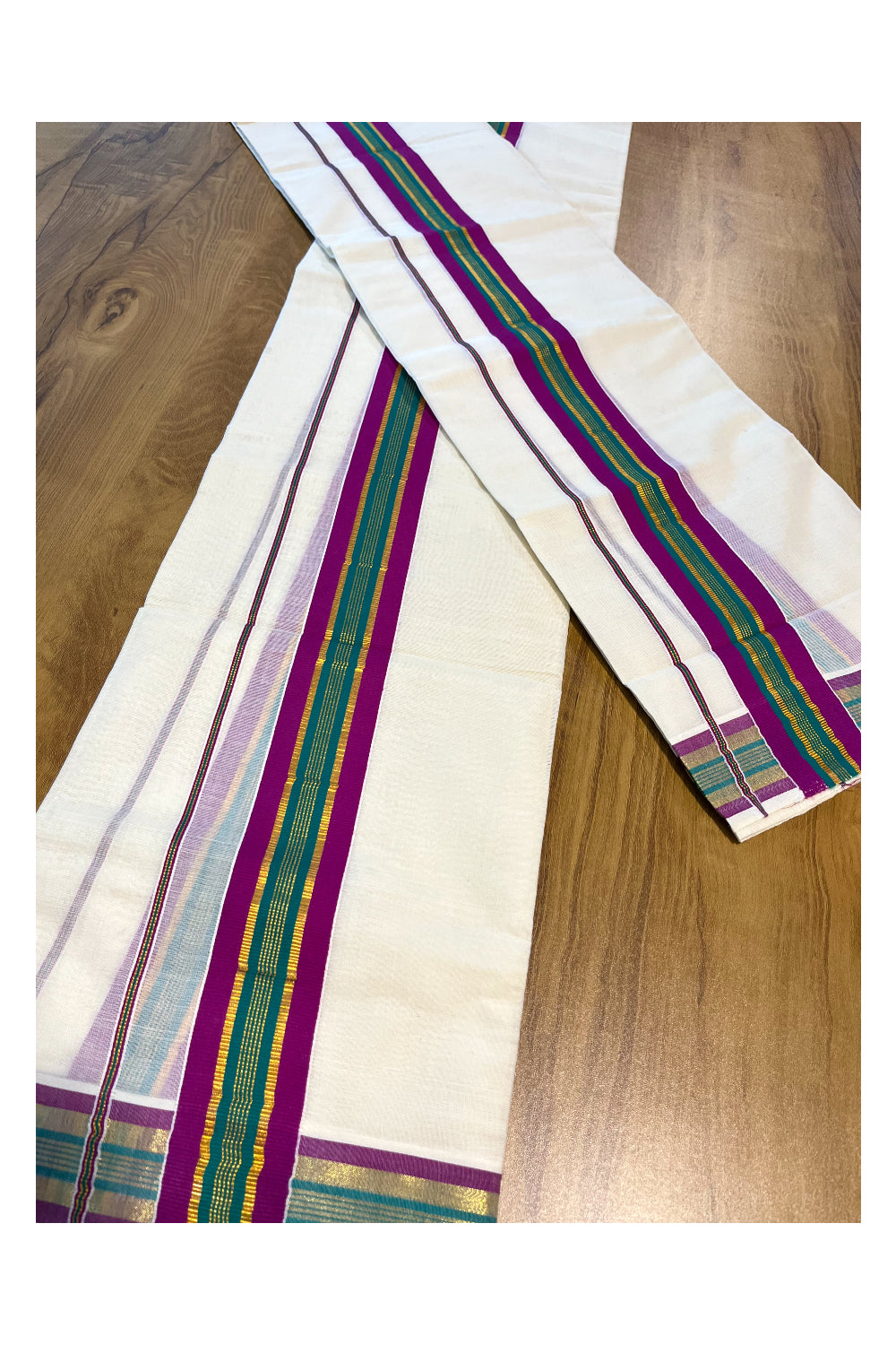 Kerala Cotton Kasavu Set Mundu (Mundum Neriyathum) with Green and Magenta Border