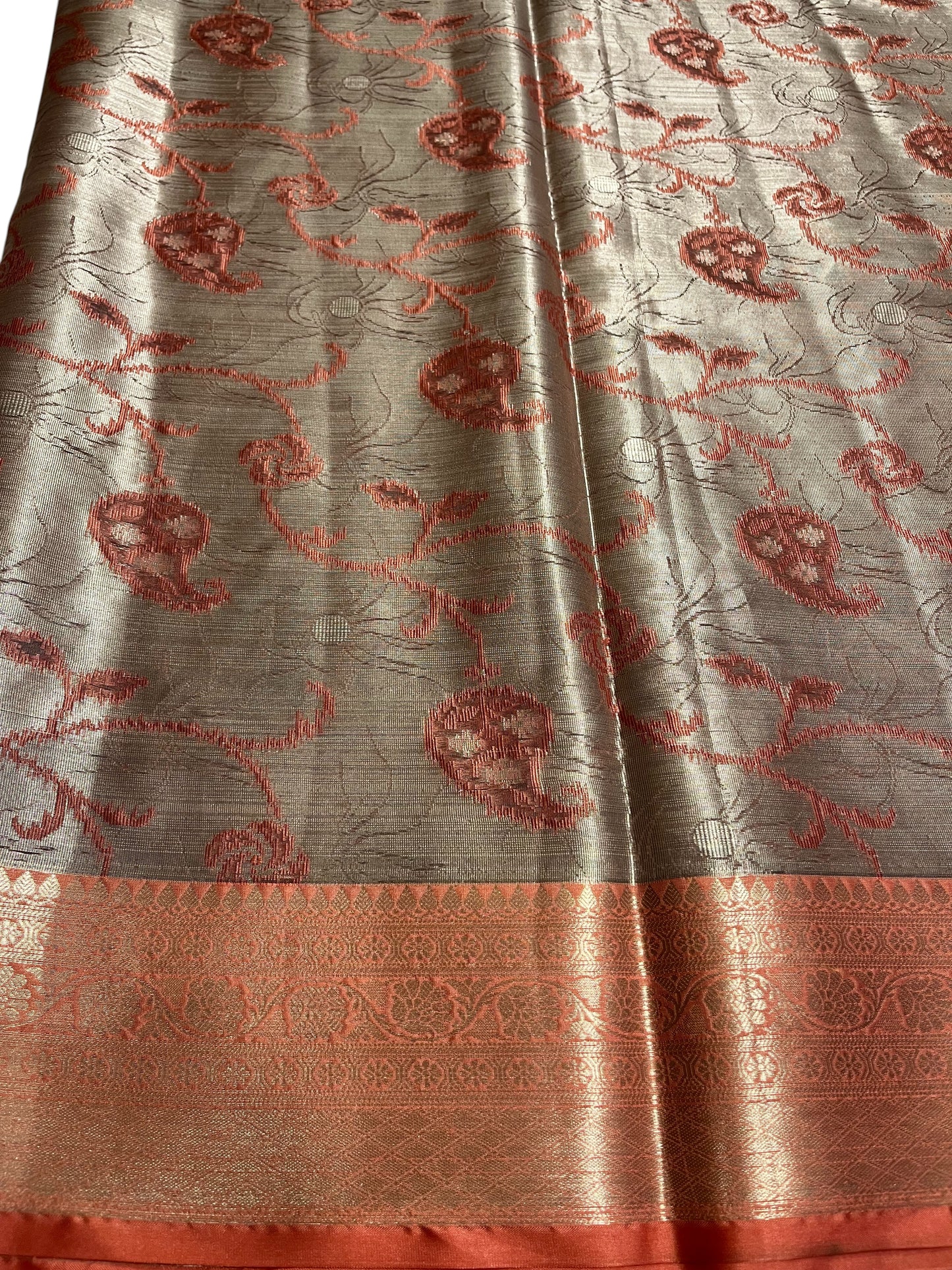 Southloom Tissue Silk Saree with Woven Work on Body and Borders (Peach & Grey)