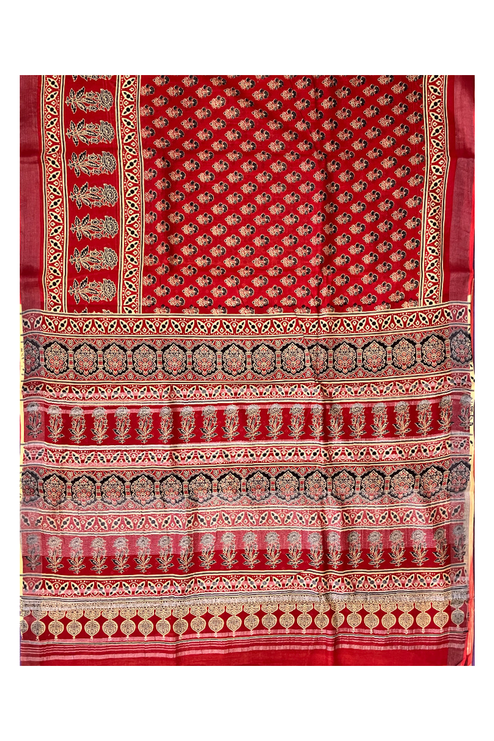 Southloom Linen Red Designer Saree with Floral Prints on Body