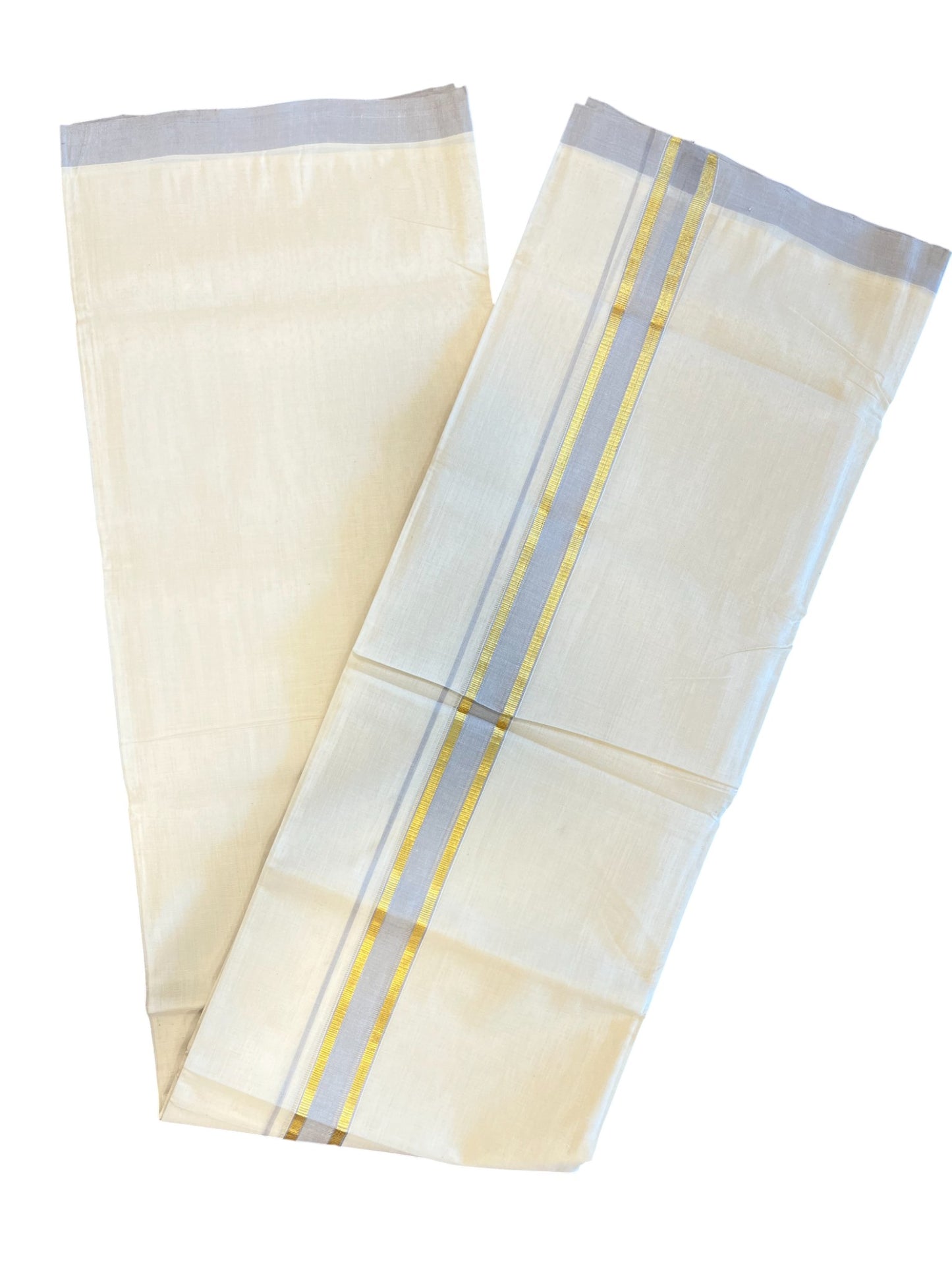 Southloom Premium Handloom Cotton Double Mundu with Gold and Grey Border
