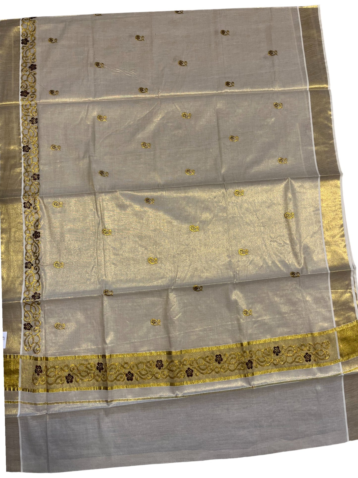 Southloom Kerala Tissue Kasavu Saree with Golden Embroidery Work on Body