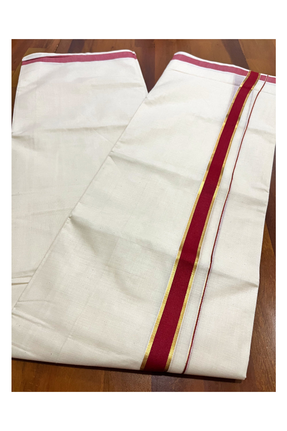 Pure Cotton Mundu with Maroon and Kasavu Border (South Indian Kerala Dhoti)