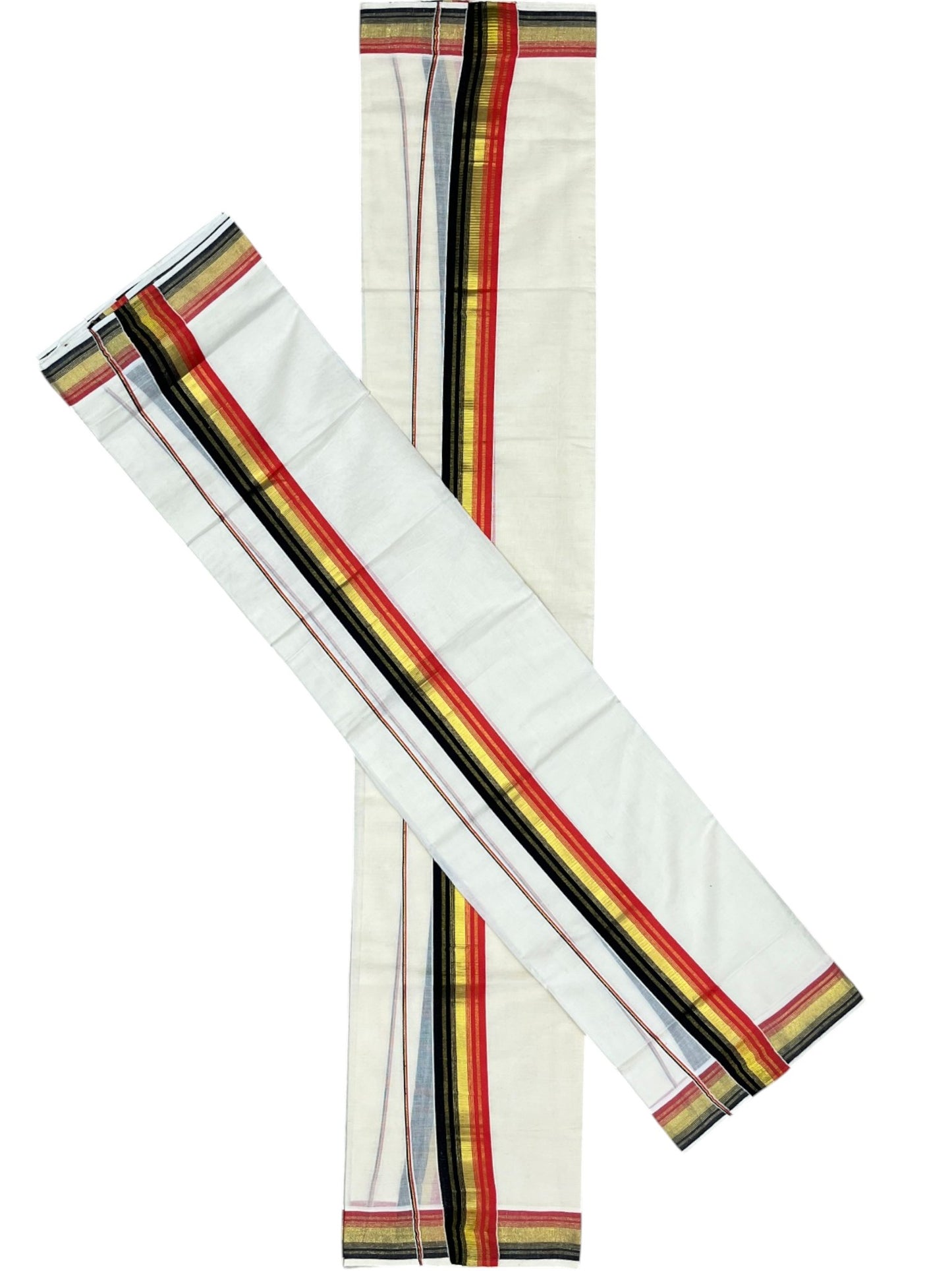Southloom Kerala Cotton Kasavu Single Set Mundu (Mundum Neriyathum) with Black and Orange Kasavu Border SLKK SL480