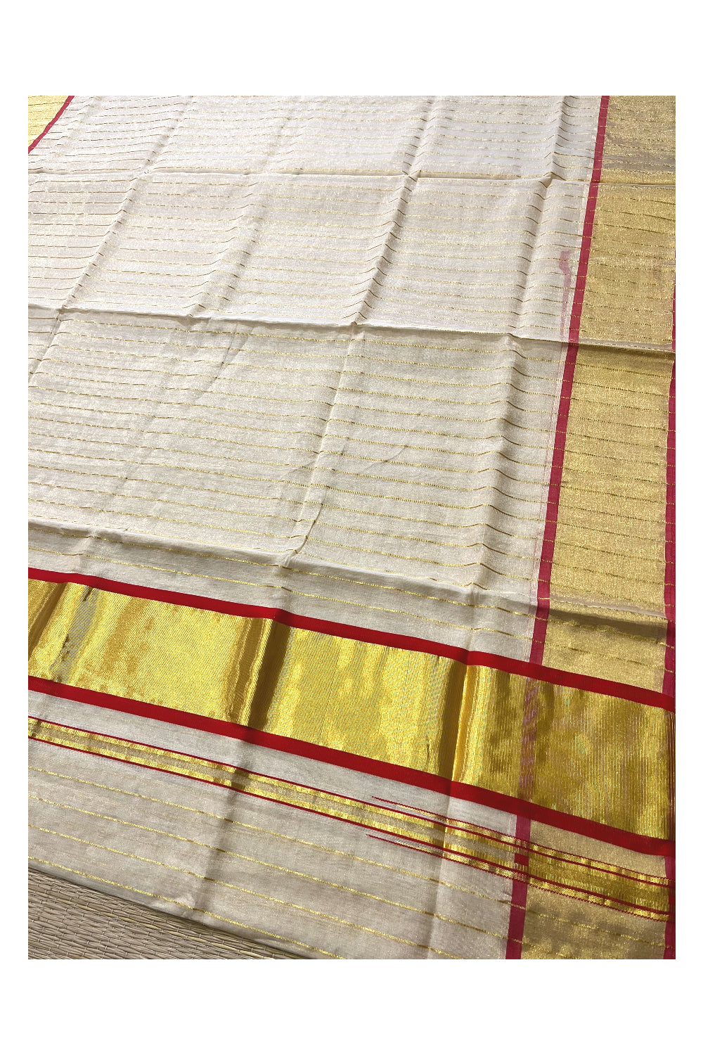 Southloom™ Premium Handloom Tissue Saree with Kasavu Lines Designs Across Body and Orangish Red Border