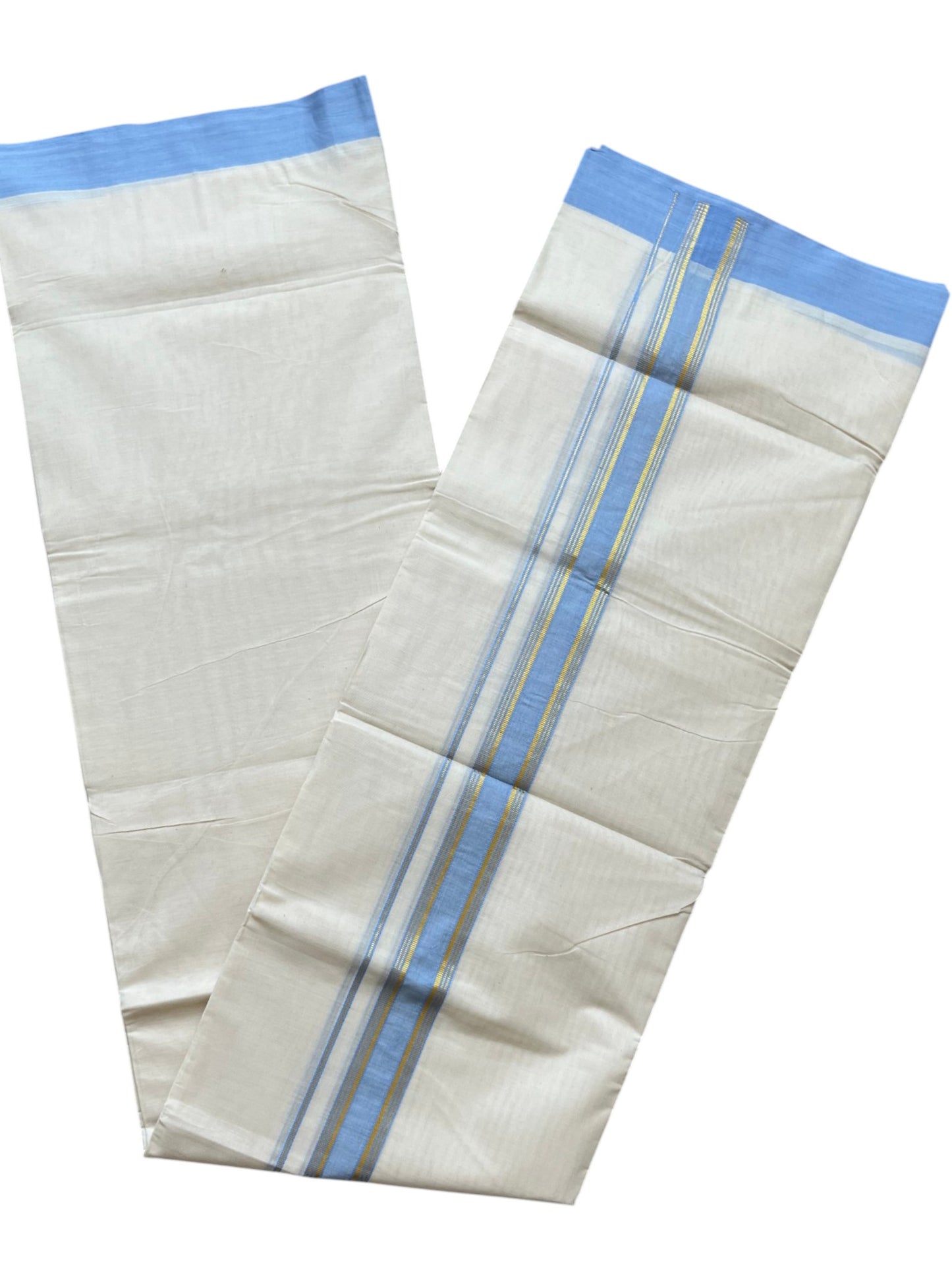 Southloom Pure Cotton Mundu with Golden Lines and Blue Border (South Indian Kerala Dhoti)