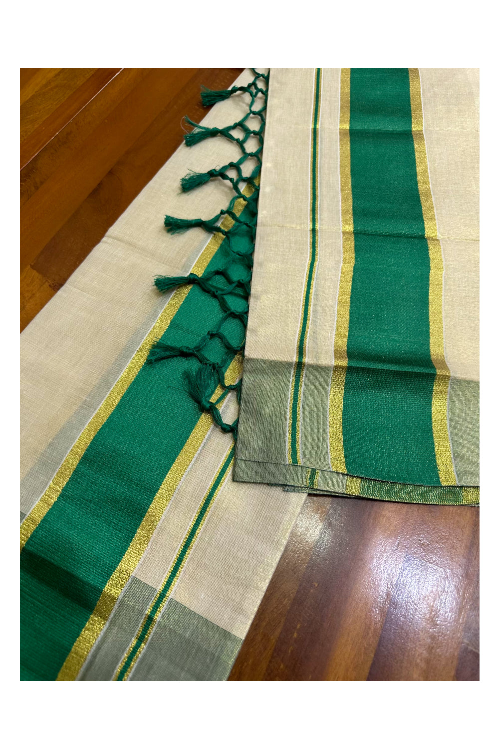 Kerala Tissue Kasavu Set Mundu (Mundum Neriyathum) with Green Border Tassels on Pallu 2.80 Mtrs (Vishu 2024 Collection)