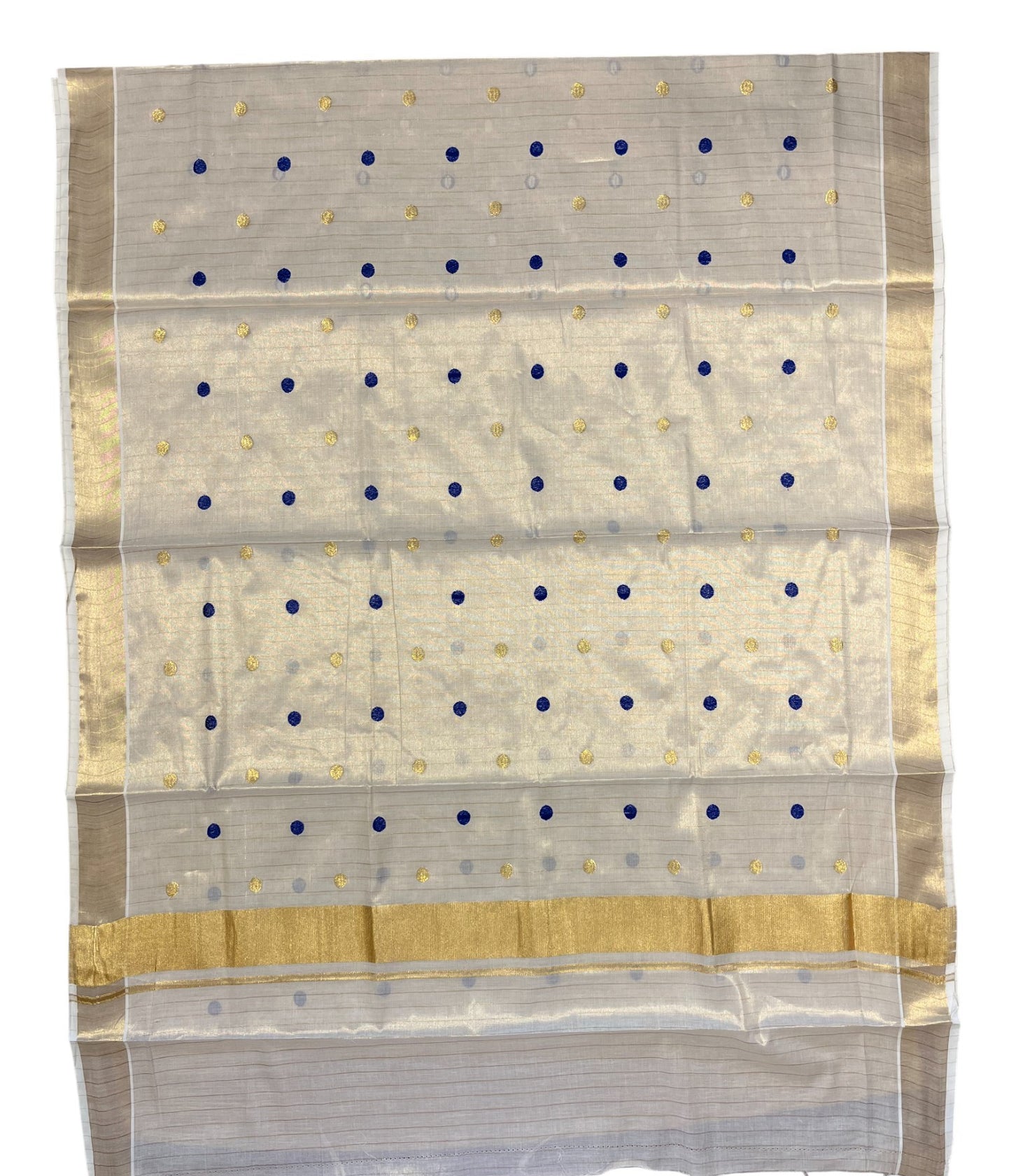 Southloom Kerala Tissue Kasavu Saree with Gold& Blue Polka Embroidery Works on Body