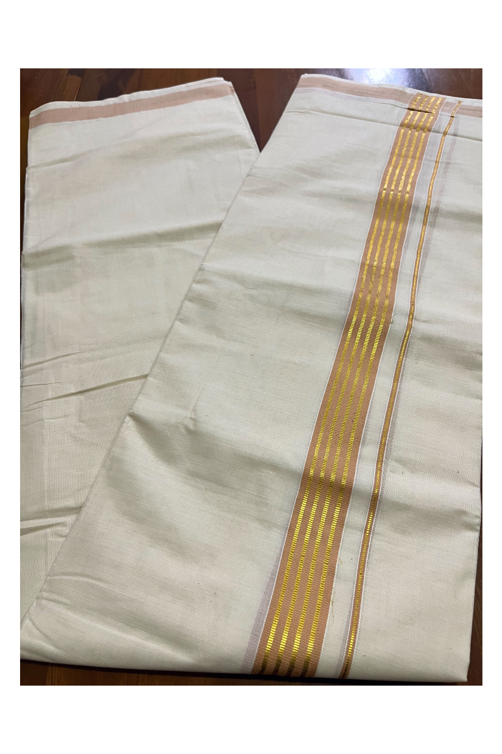 Off White Kerala Cotton Double Mundu with Kasavu and Beige Border (South Indian Kerala Dhoti)