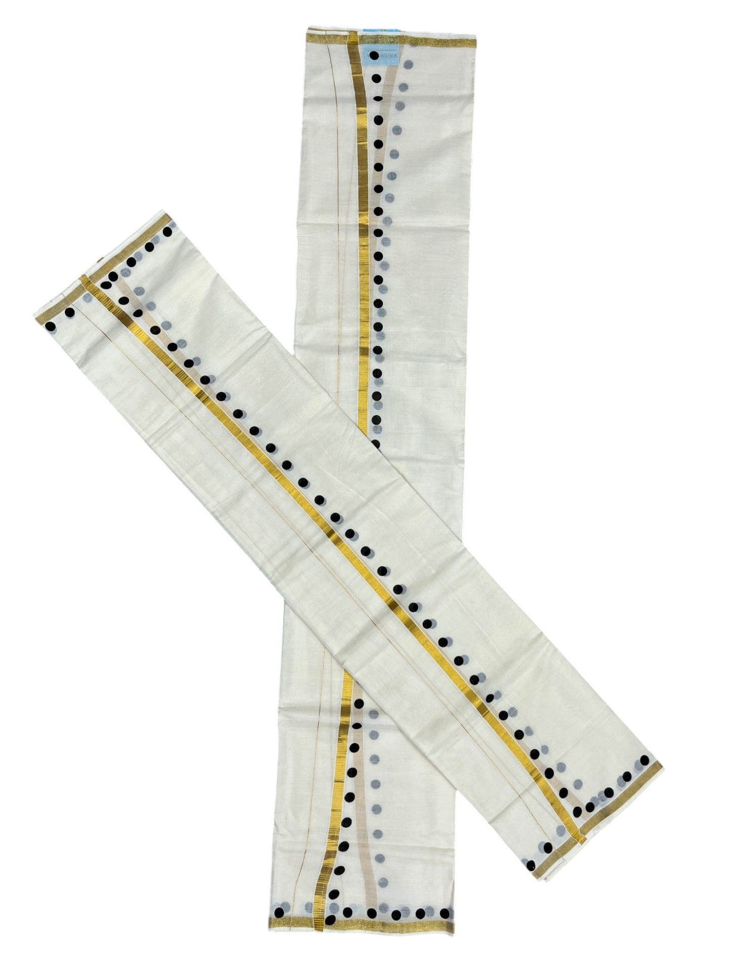 Southloom Pure Cotton Kerala Single Set Mundu (Mundum Neriyathum) with Polka Dots in Black 2.80 Mtrs