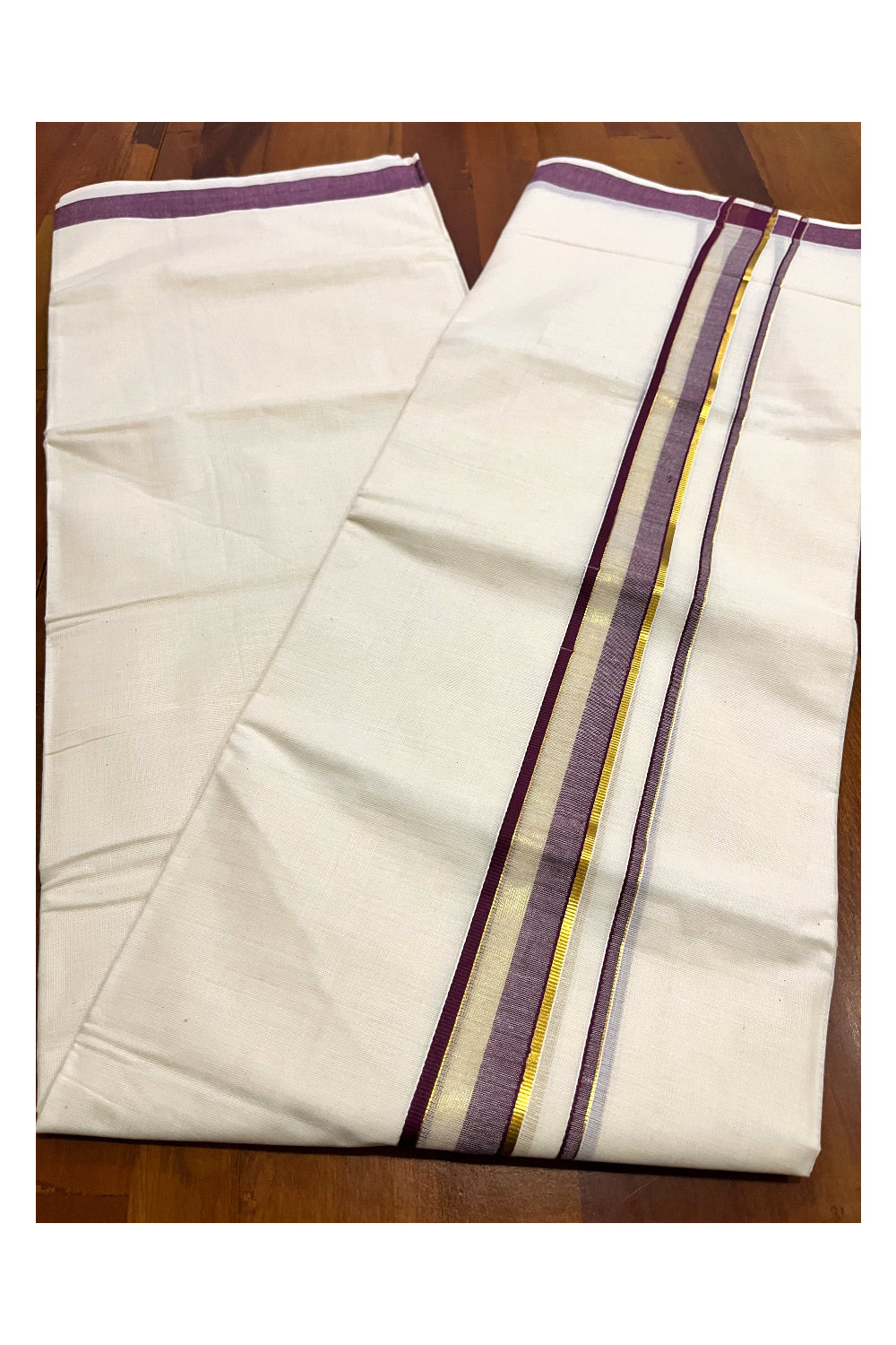 Kerala Pure Cotton Double Mundu with Purple and Kasavu Border (South Indian Kerala Dhoti)