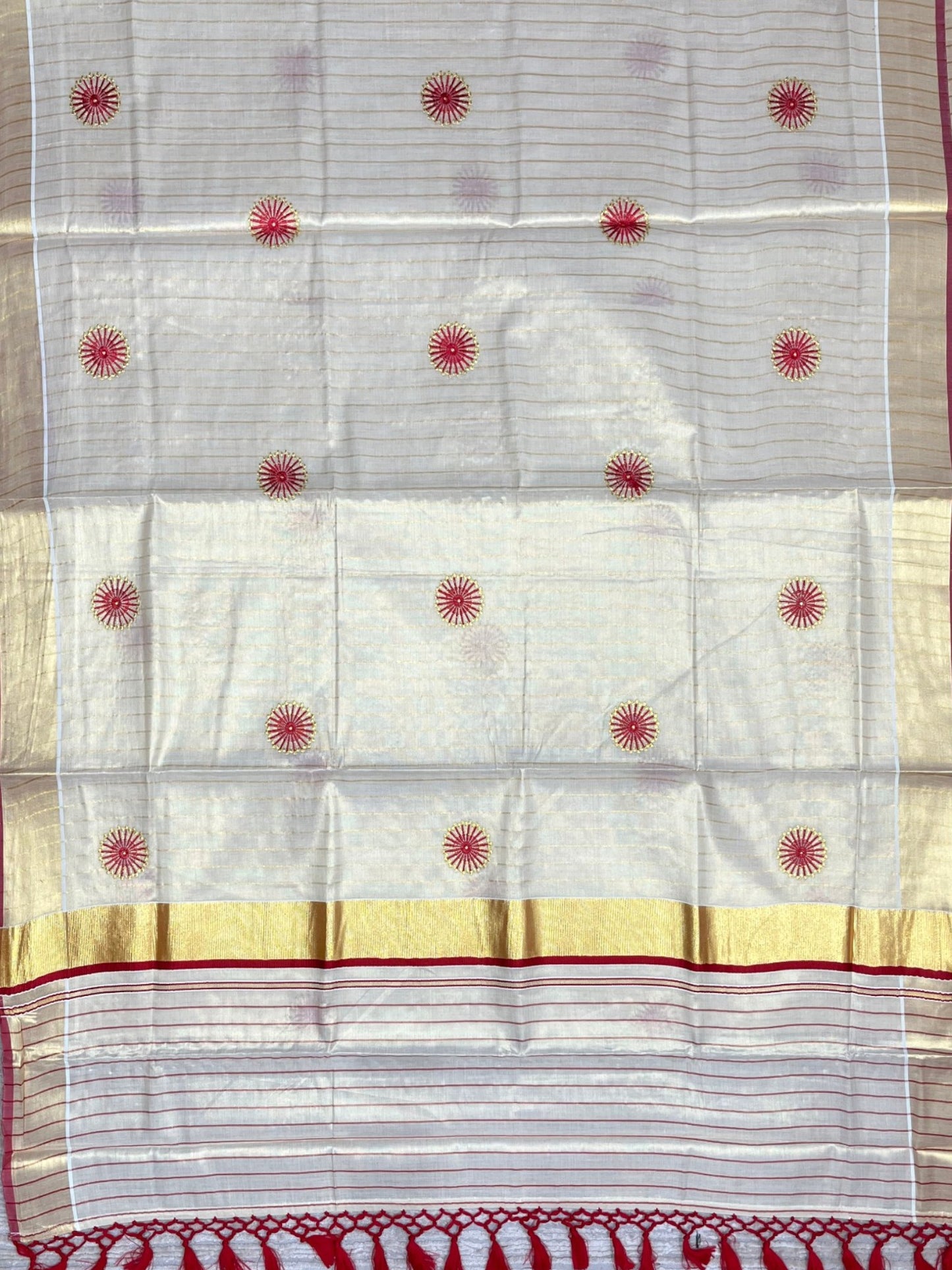 Southloom Kerala Tissue Kasavu Lines Saree with Embroidery Work on Body in Red
