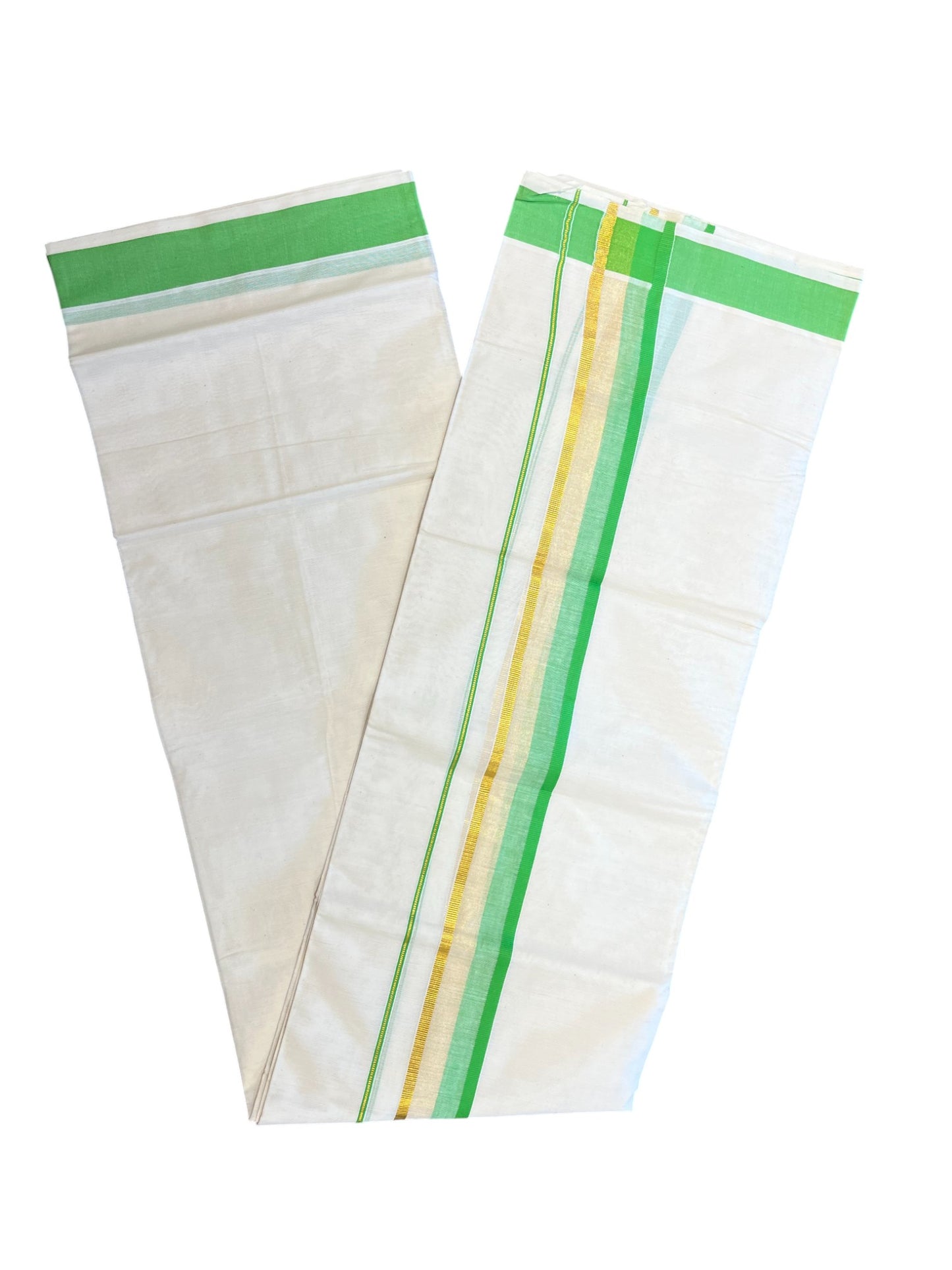 Southloom Kerala Pure Cotton Double Mundu with Gold Lines & Green Border (South Indian Dhoti)
