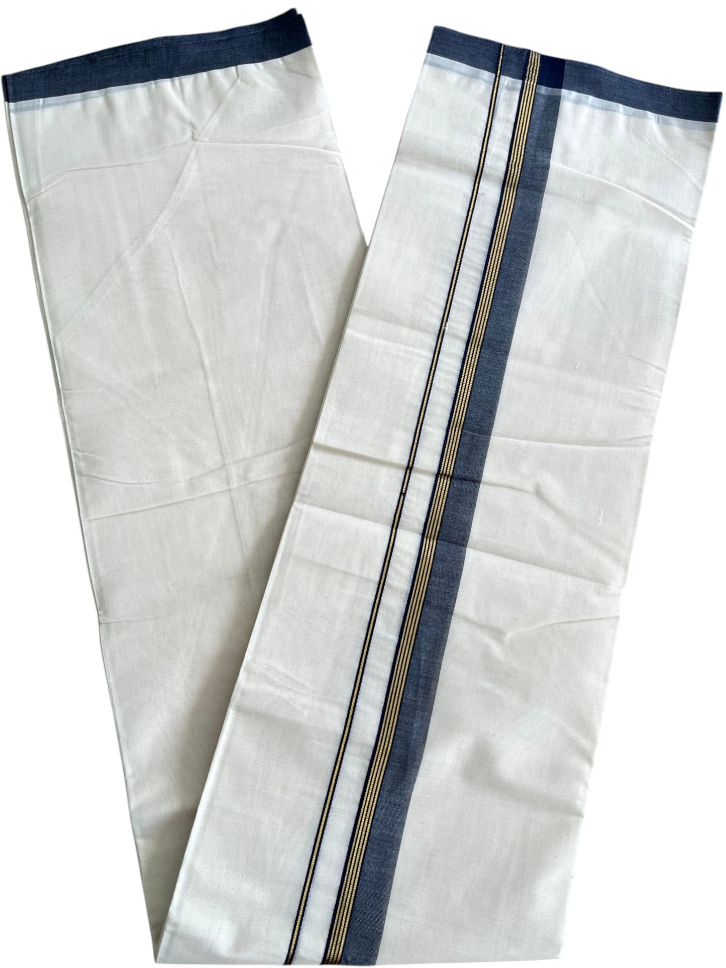 Southloom Pure Cotton Mundu with Golden Lines and Blue Border (South Indian Kerala Dhoti)