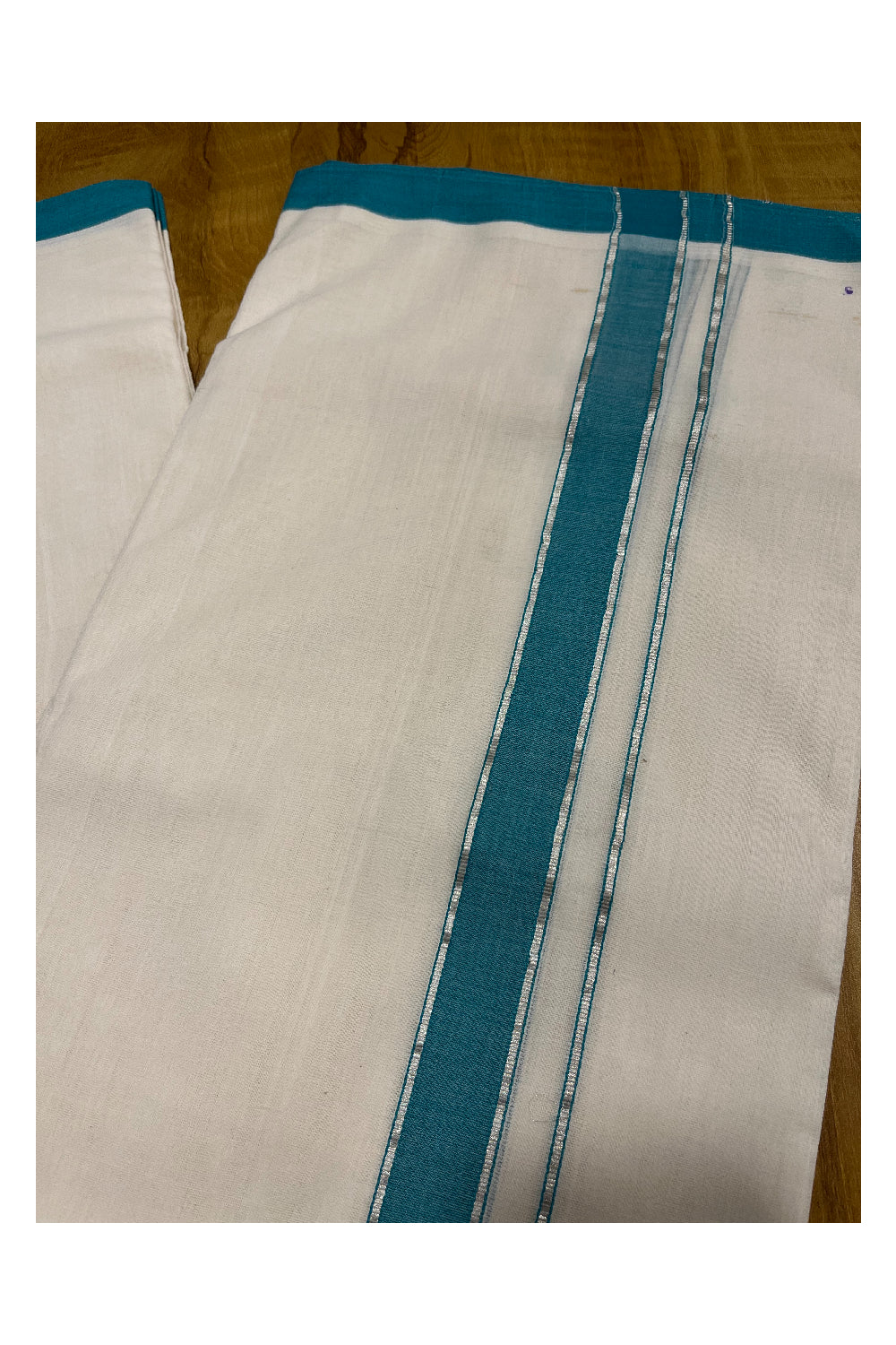 Premium Balaramapuram Handloom Unakkupaavu 1 inch Double Mundu with Silver Kasavu and Green Kara