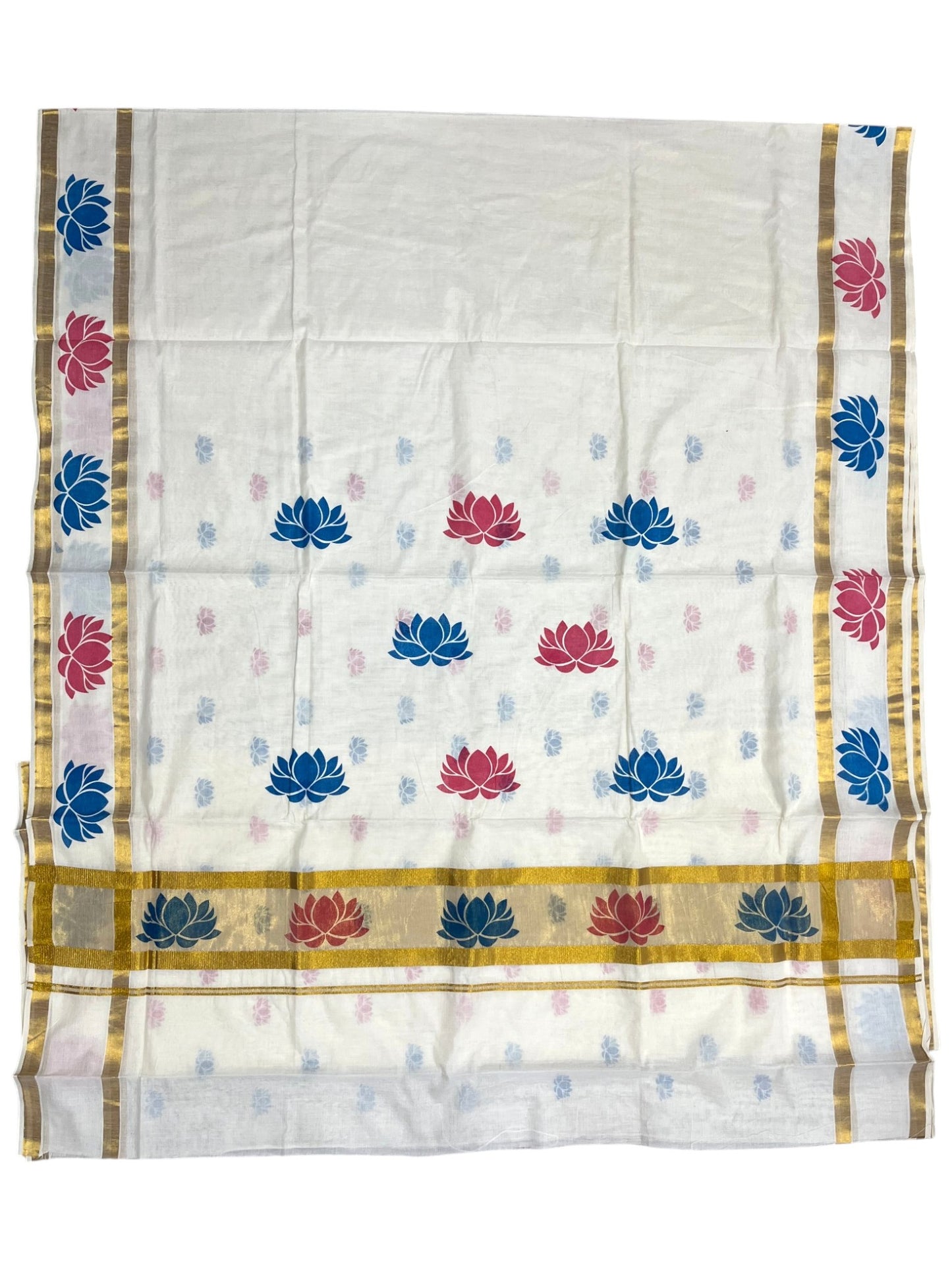 Southloom Cotton Kerala Kasavu Saree with Lotus Block Prints on Body and Border in Blue and pink