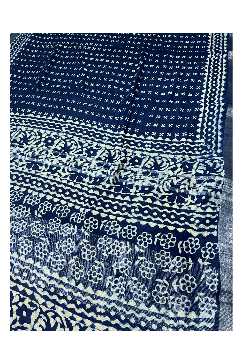 Southloom Linen Dark Blue Saree with Designer Prints on Body