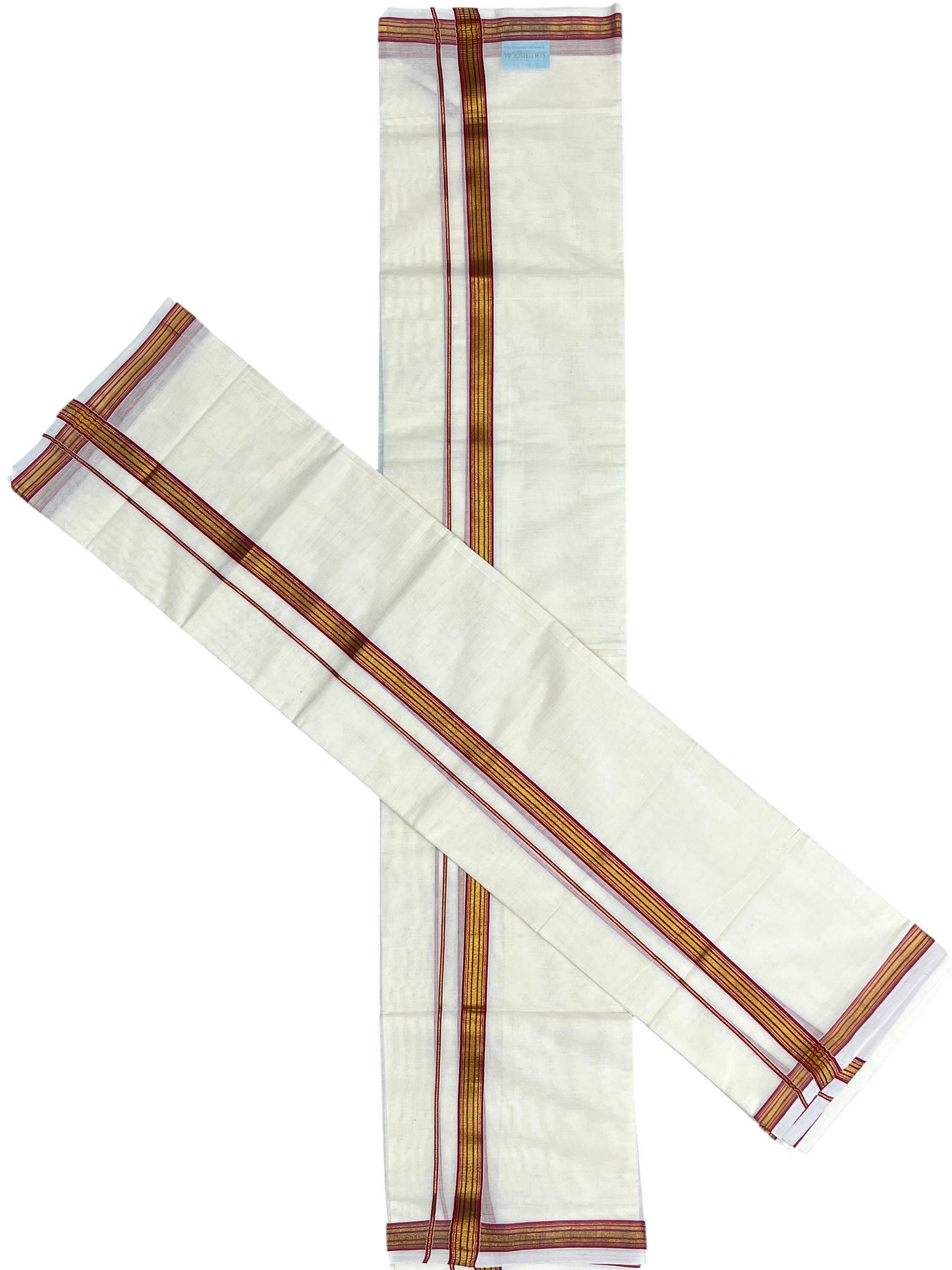 Southloom Pure Cotton Kerala Single Set Mundu (Mundum Neriyathum) with Magenta Kasavu Border in 2.80 Mtrs