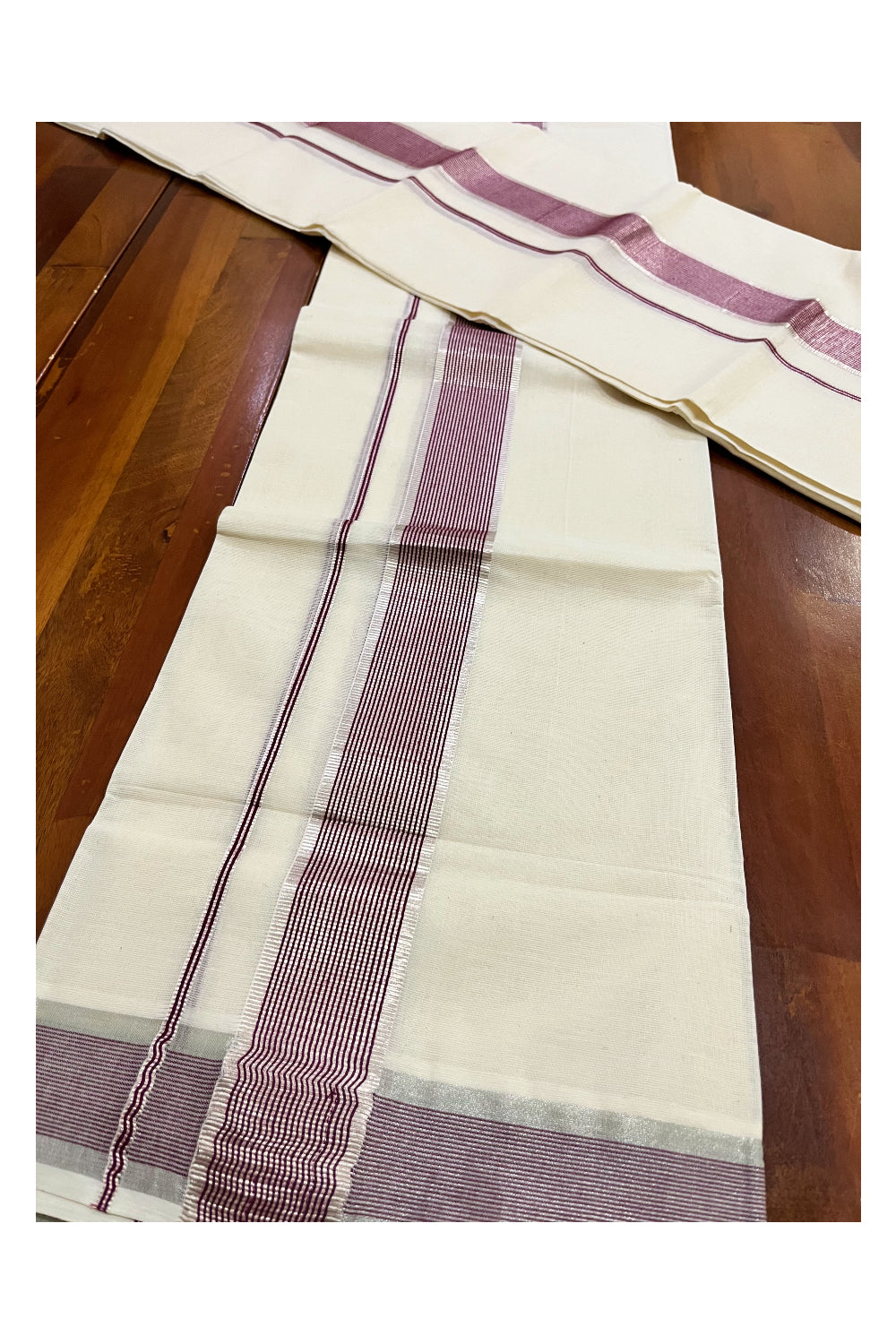 Kerala Cotton Single Set Mundu (Mundum Neriyathum) with Silver Kasavu and Maroon Border 2.80 Mtrs