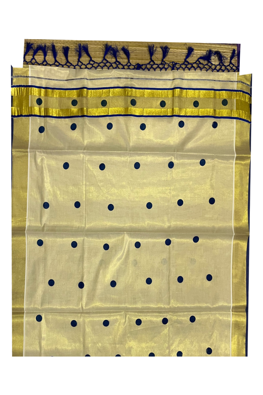 Kerala Tissue Kasavu Saree with Blue Polka Block Prints on Body and Tassels Works