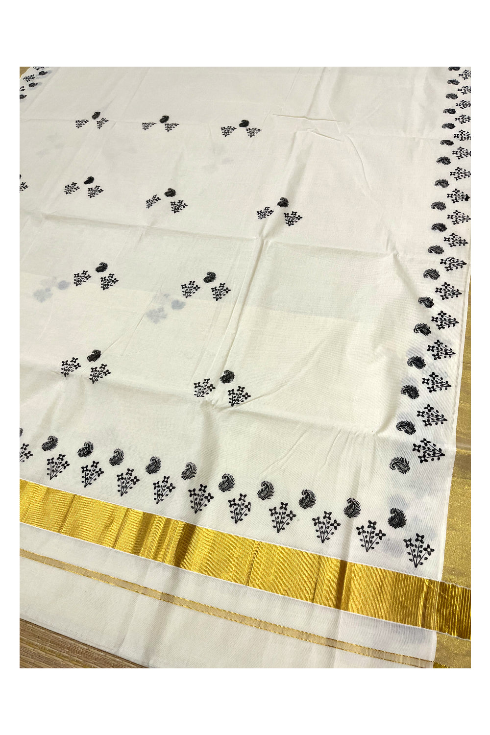 Pure Cotton Kerala Kasavu Saree with Black Block Prints and Kasavu Border